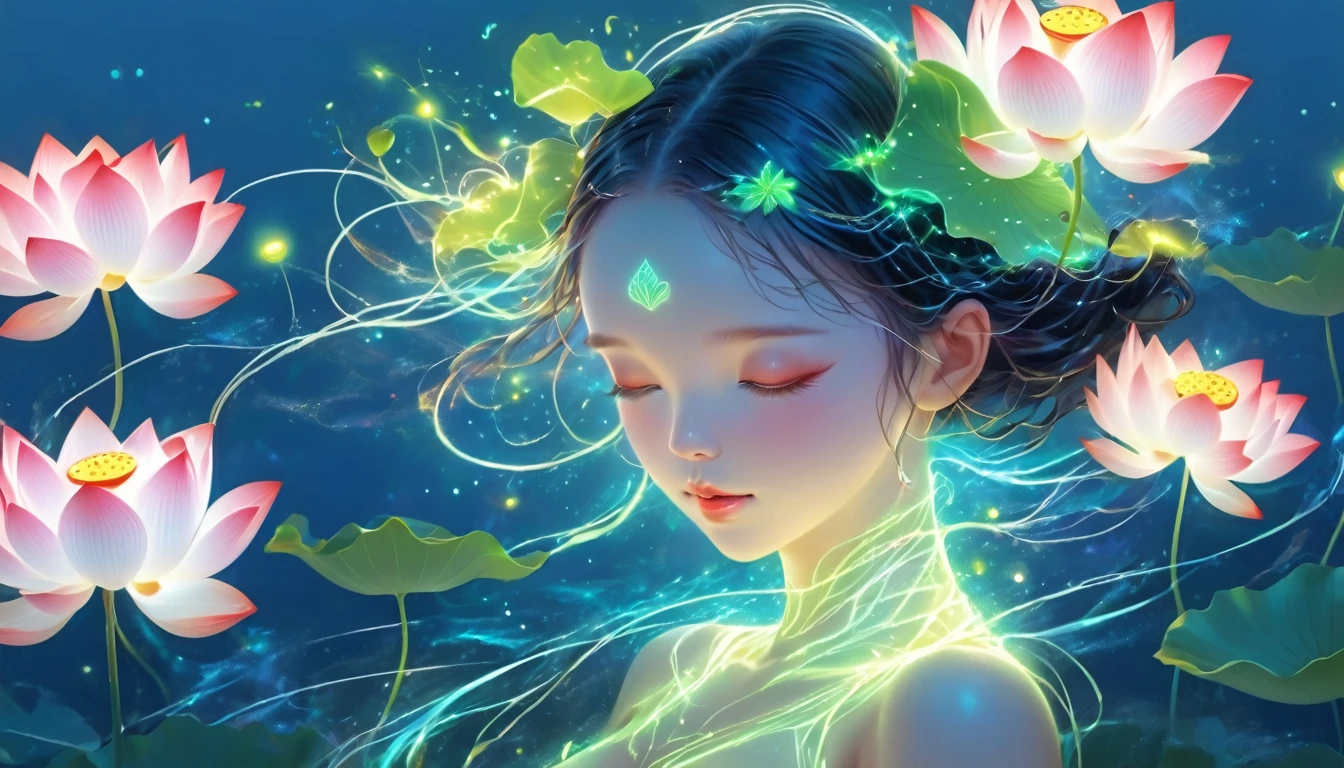 (masterpiece, best quality:1.2), digital art style, charming illustration,Peace pictures，1 boy, 18 years old, Wearing lotus on head，alone，body glow，glowing line，fluorescence,Luminous example，Tracking example，flash，萤light particles，backlight，translucent，light particles，correct human anatomy, OPEN EYES!