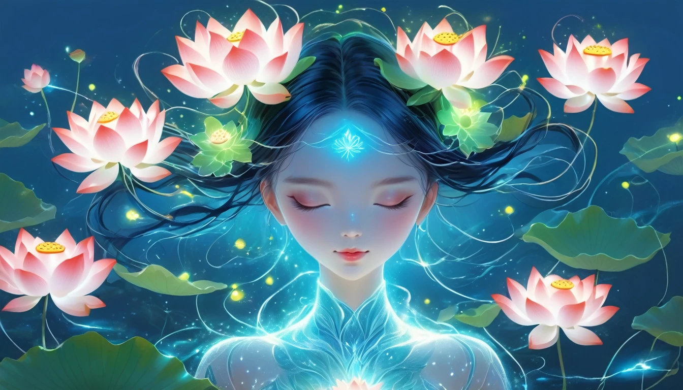 (masterpiece, best quality:1.2), Digital Art Style, attractive illustrations,peace pictures，1 girl, Wearing a lotus flower on your head，alone，body glow，Glowing lines，fluorescent,shining example，Tracking example，flash，萤light particles，backlight，transparent，light particles，correct human anatomy，(1 female guardian:1.4)