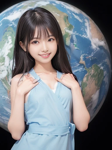 Japanese female, (underweight), (flat chest best quality:1.5), a lot of details, detailed black hair, beautiful detailed hair, super fucking beautiful, delicate beautiful face, complex details beautiful and delicate eyes, perfect hands, perfect and delicate limbs, detailed skin, best quality, ultra-detailed,(cheerful grin:1.5), the cosmos, (light blue see-through dress), (Wrapping the earth with both hands:1.6), upper body, from front