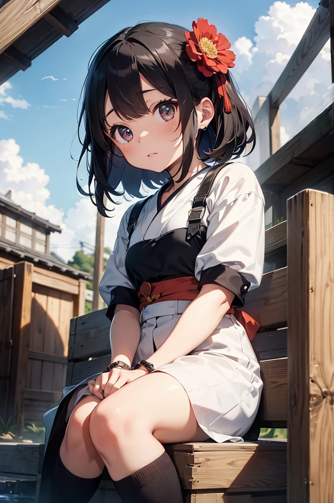 (Highest quality、High resolution、8k、masterpiece:1.2)。Her eyes were shining like stars、Curvaceous yet slender。A woman in traditional Japanese clothing wielding a large kanzashi as a weapon。ブロンドヘアにkimonoを着ているが、A face that is unlike that of a Japanese person。Edo Periodに舞い降りた彼女は、Wipe out the goblin-like monsters that infest the city with a single swing of the kanzashi。Long Hair。Disheveled Hair。Hairpin。A Japanese doll is floating on her shoulder。Cold expression。The dark aura emanating from her。Very aggressive fight scenes。period drama。Edo Period、kimono、 ((High angle shot))、Full body、bracelet、necklace、Disheveled clothes、Light and shadow。
