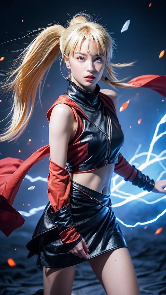 Moisturized skin, (gradient eyes), realistic body, (adult female body), energetic, (16 years old), (girl), crop top,
BREAK,
bright red lipstick, (beautiful navel), (golden hair), beautiful hair, (Naruto Uzumaki's clothes), (twintails), (leather), mini skirt,
BREAK,
((masterpiece + highest quality + high resolution + highly detailed)), (full body: 1.2), symmetrical, one shot,
BREAK,
(electric shock), (wind blows), (blue electricity), (battle stance: 1.4),
BREAK,
assassination, cut, kunai, fantastical, dynamic,