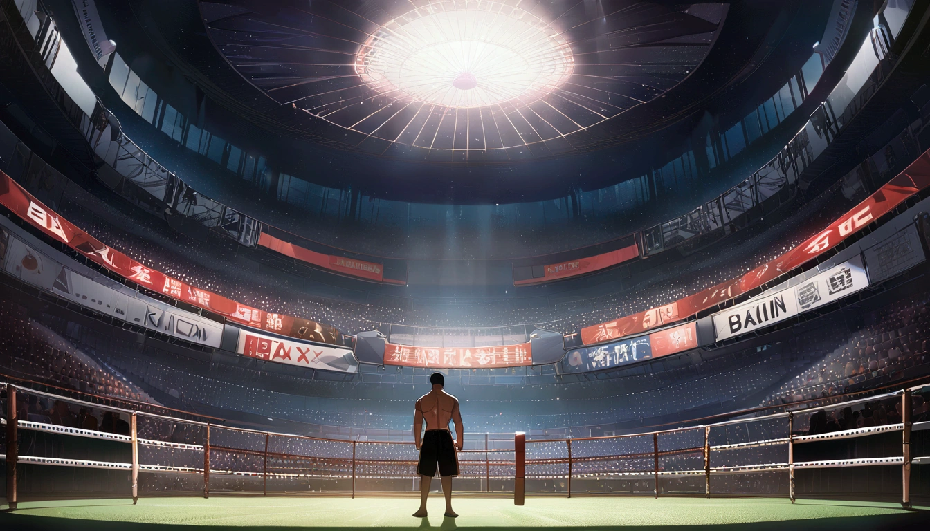 masterpiece, best quality, source anime, official art, 8k, ultra-detailed,very aesthetic, absurdres, perfect anatomy, perfect face,  cinematic lighting, very wide shot,multiple boys,2boys,head gear,boxing,ring,stadium,grove,hand