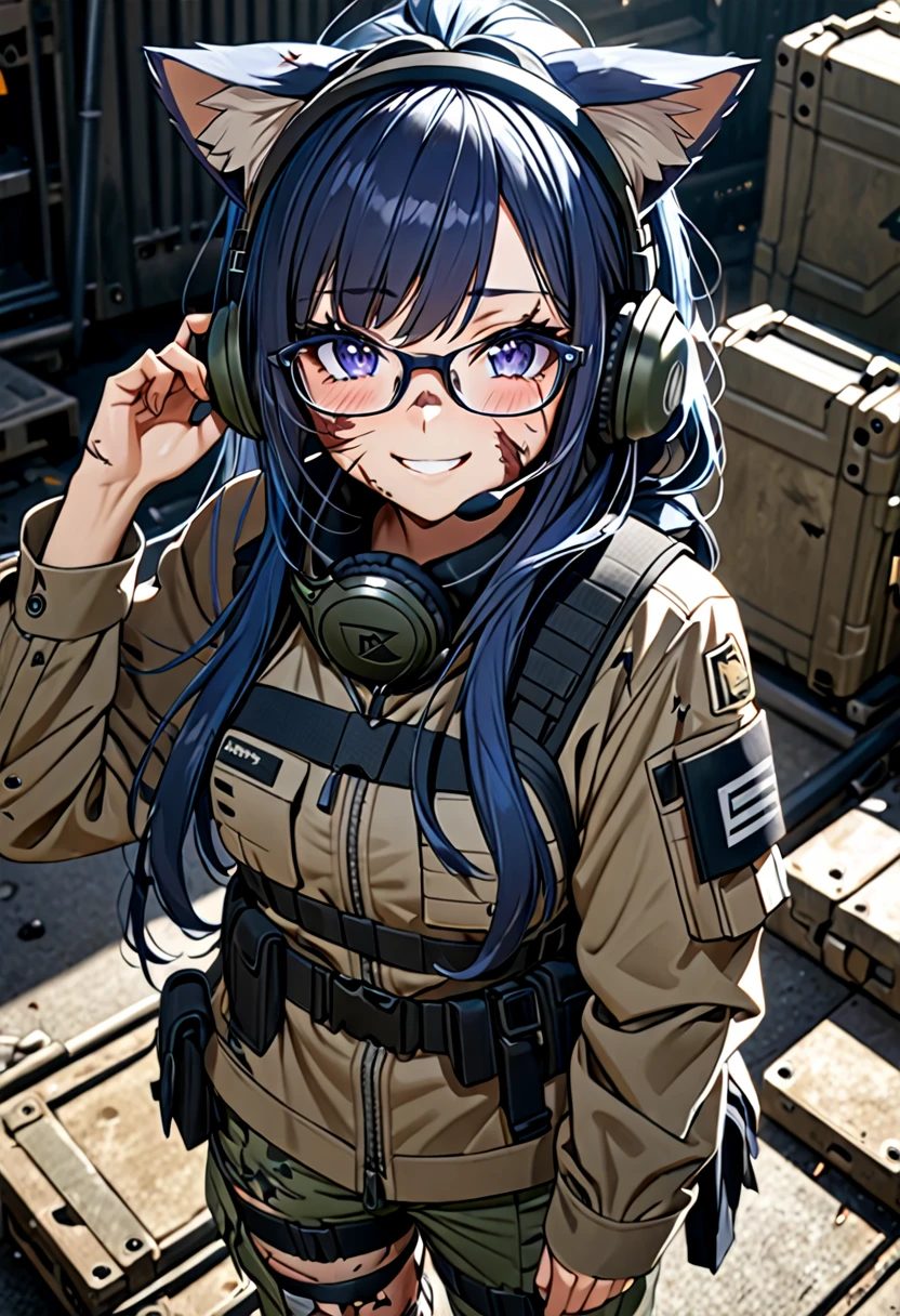 8K Ultra High-Quality, ultra-detailed, High quality, 8K Ultra High-Quality, ultra-detailed, High quality, Dark Blue hair, Long hair, Headset, cat girl, Glasses, tactical clothes, smiling, close up, face covered in injury scars, full body