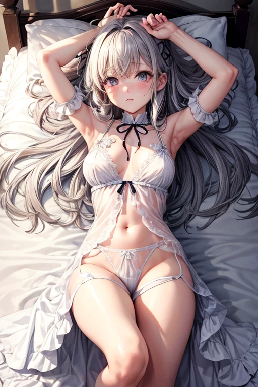 Highest quality、Loose and fluffy girl、Shortcuts、Curly Hair、((negligee))、Bare chest、Small breasts、White pants with ribbon、Princess、Illuminated by the morning sun、Gray Hair、Downcast eyes、Embarrassed face、Lying in bed、Bare legs、Restraints placed in a disarray、signs of incontinence、Crumpled sheets、I was exhausted.、(Stretch your legs)、Inner thighs、whole body、Hands restrained above the head、