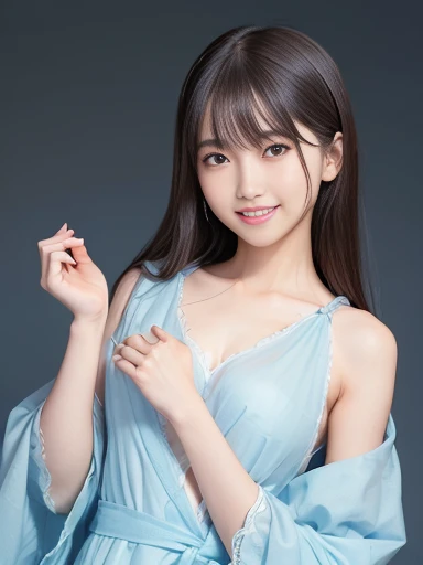 Japanese female, (underweight), (flat chest best quality:1.5), a lot of details, detailed black hair, beautiful detailed hair, super fucking beautiful, delicate beautiful face, complex details beautiful and delicate eyes, perfect hands, perfect and delicate limbs, detailed skin, best quality, ultra-detailed,(cheerful grin:1.5), the cosmos, (light blue see-through dress), (Wrapping the earth with both hands:1.5), upper body, from front