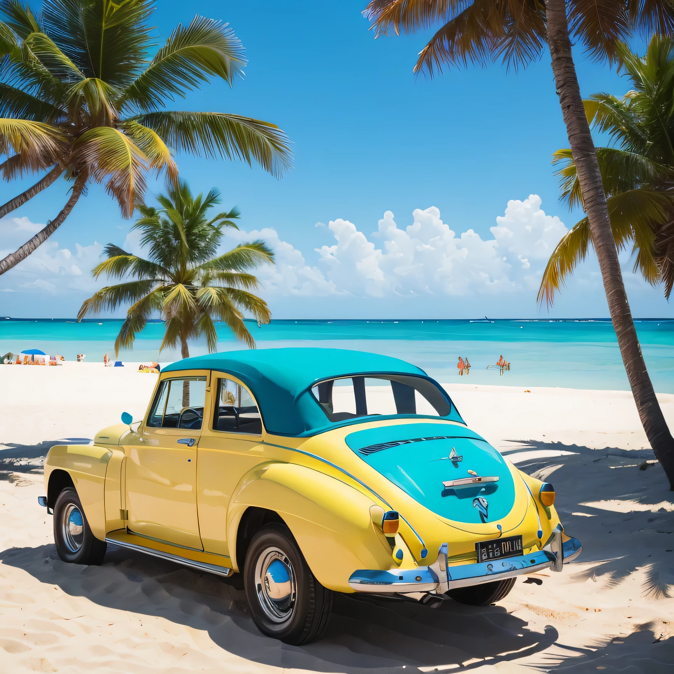 Summer Sea　sunny　blue sea　White sand beach　((Yellow)) vintage car　