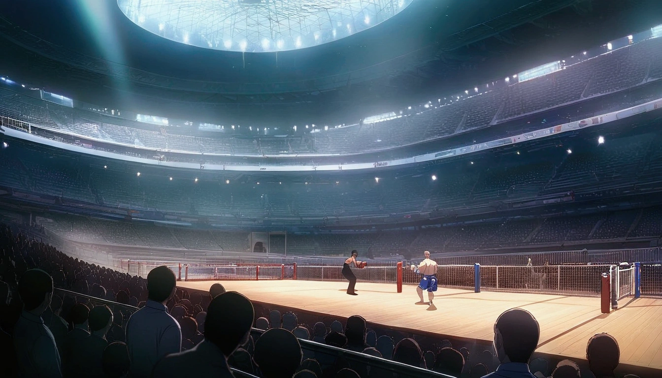 masterpiece, best quality, source anime, official art, 8k, ultra-detailed,very aesthetic, absurdres, perfect anatomy, perfect face, cinematic lighting, very wide shot,multiple boys,2boys,head gear,boxing,ring,stadium,grove,hand