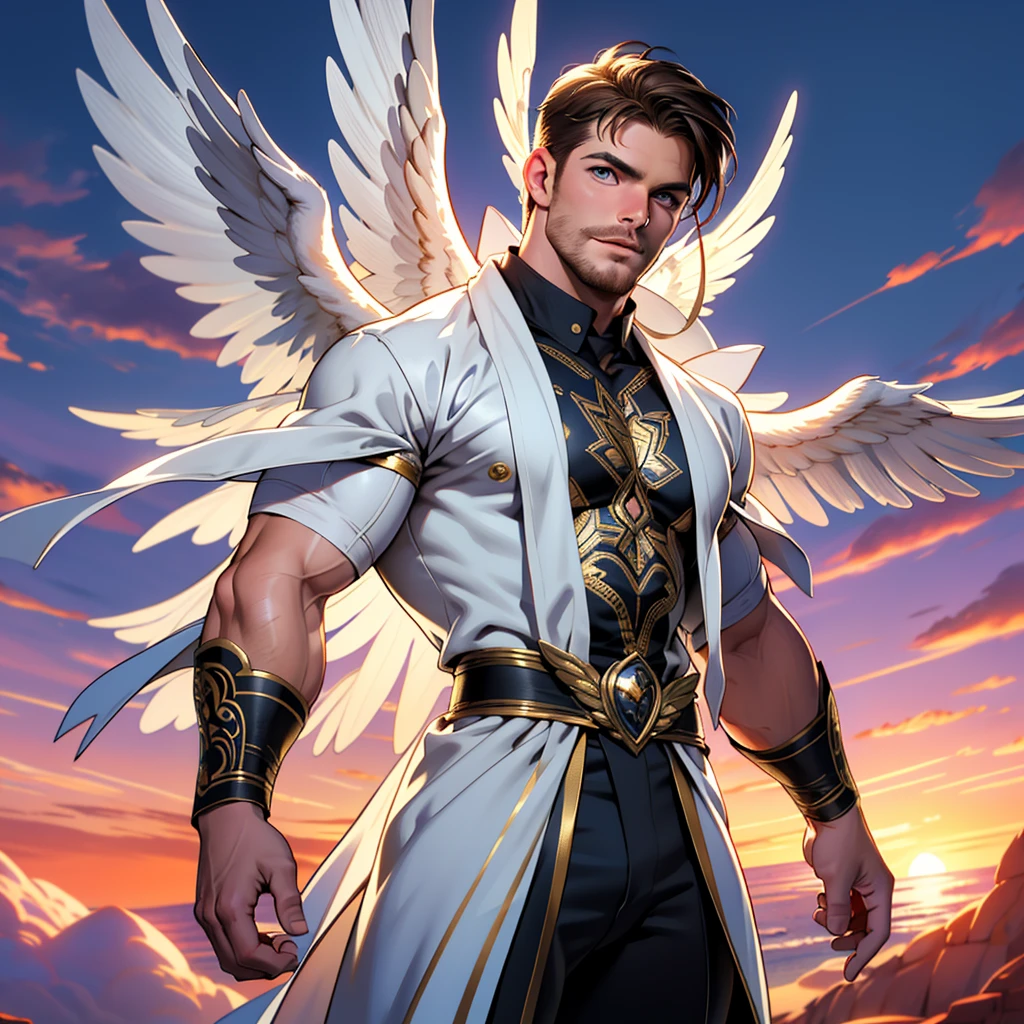 32k,masterpiece, best quality, detailed face, natural eyes,1 mature man hunk and handsome , solo mature man, muscled and mature, stephen amell as an angel , wearing a see thru transparent robe with golden embroidery , wearing 2 DOMINANT angel's wings , showing muscles ,floating and flying in the sky with clouds ,  full body, intricate Detailed background at sunset