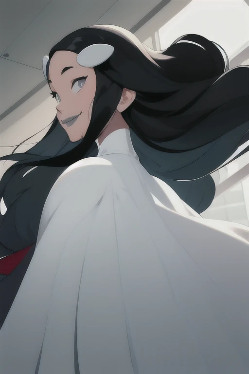 Tinya Wazzo, solo,black hair, long hair. grey eyes, smile, grey lips, white cape, best quality, masterpiece, 1girl, Masterpiece, Best Quality, Detail, room, From Behind, From Below, cape infront, beautiful cape, looking in front