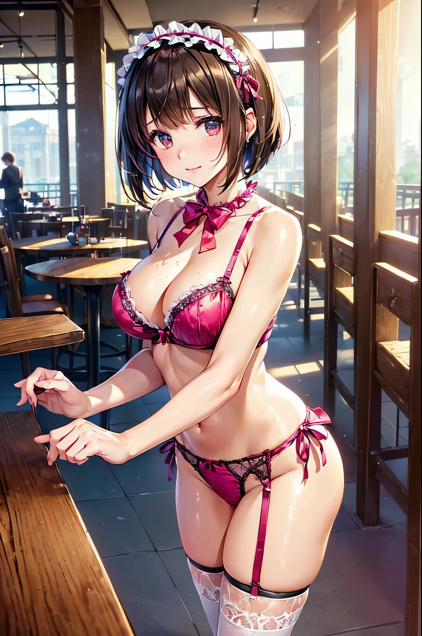 (((masterpiece, Highest quality, High resolution, 超High resolution, Perfect Pixel, Depth of written boundary, 4K, RTTX 10.0))), Beautiful Anime Woman, Beautiful art style, Anime characters, ((Smooth texture, Realistic texture, Anime CG Style)), Perfect and accurate finger count、Exact number of legs、(Exact number of arms:1.0, Exact number of hands:1.0), (Perfect hands, Perfect Anatomy), Cinematic, Realistic, Extremely detailed CG, Daytime lighting, Perfect lighting, Best Shadow, The best natural light, whole body, Perfect body, バランのとれたPerfect body, Perfectly balanced style, Slender body, ((bangs, Dark brown hair, Bobcut)), ((A cute adult woman is standing facing this way:1.8)), ((Bow tie around neck:1.3), (Sexy and cute magenta underwear:1.3), (Stylish shiny magenta satin panties, Side-tie panties, Panties with plain magenta center and lace decoration on the sides:1.4), (Thin panties:1.3), (Yellow magenta micro lace satin bra, Magenta bra with lace trim, Thin bra:1.4), (lace garter belt, Garter Strings, Knee socks:1.3), (Big frilly headband:1.3):1.3), (Beautiful big boobs:1.1), (Embarrassed expression:1.7), blush, (Stylish restaurant, Many visitors in the background, Inside the crowded store, Tables and chairs filled with male customers, Many men sitting at tables and chairs, The attention men are giving her:1.7), naked, In underwear, Angle from the front, Nakaseko Kaori