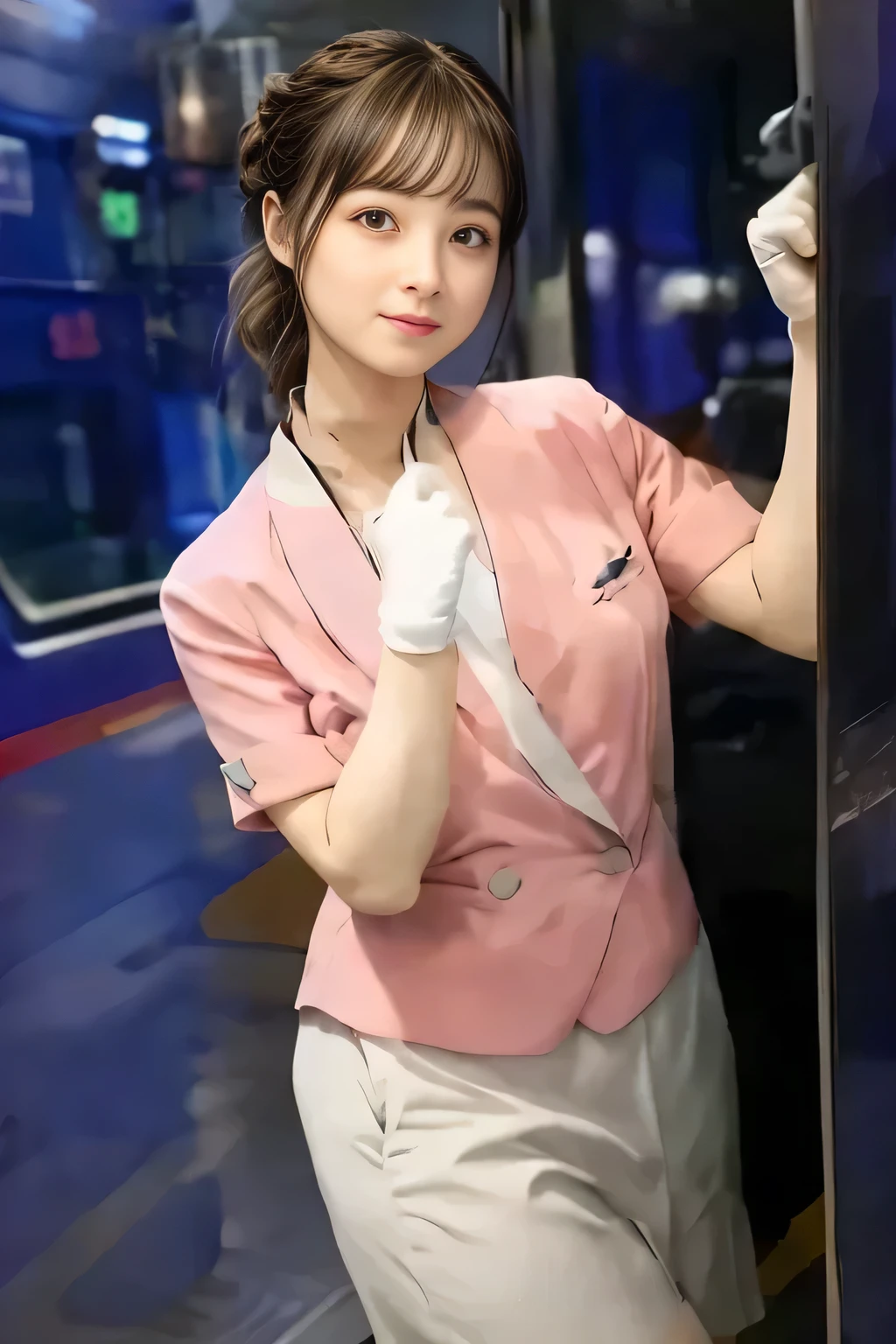 (masterpiece:1.2, Highest quality:1.2), 32k HDR, High resolution, (alone、1 girl)、(On the roof of a building in the daytime、Professional Lighting)、Building rooftop background、(Nankai train crew uniform pinkを着たリアルスタイル)、(Nankai Railway crew uniform, pink, short sleeve, collarless, pink jacket、No-collar short-sleeve blouse、Grey knee-length culottes)、((The bottom of the pink short-sleeved jacket cannot be tucked into the clay-colored culottes..))、Dark brown hair、(Hair tied up、Chignon)、Dark brown hair、Long Shot、Big Breasts、Thin legs、((Great hands:2.0)),((Harmonious body proportions:1.5)),((Normal limbs:2.0)),((Normal finger:2.0)),((Delicate eyes:2.0)),((Normal eyes:2.0)))、smile、(A beautiful figure showing off the Nankai Railway crew uniform)、Bring your hands down