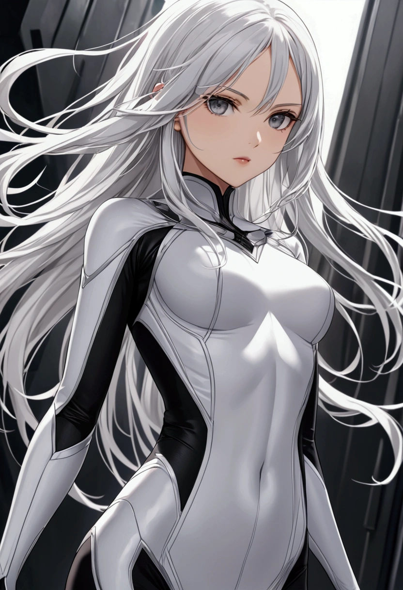A girl with long smooth white hair,determined grey eyes,fair skin tone, average height,bodysuit, detailed eyes, detailed body,long shot, 8k highres best quality.