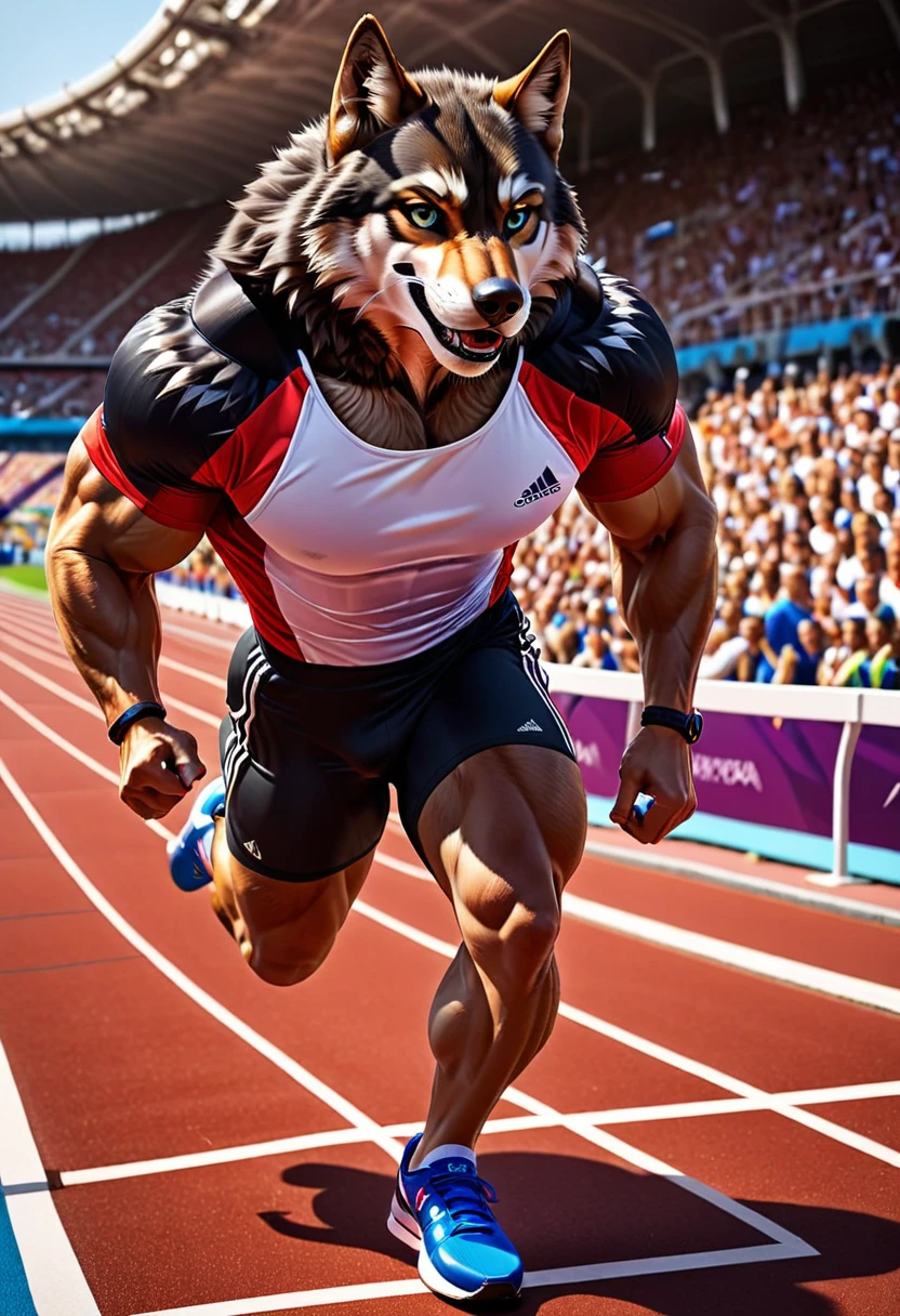 a photo finish shoot of a muscular anthomorph wolf on the running lane,  ((full body shot: 1.5)), ((anatomically correct: 1.5)) (ultra detailed face: 1.2), dynamic fur color, intense eyes, determined look, he is wearing running t shirt, sports shoes, running lane in an athlete stadium in the Olympics,  vibrant, Ultra-high resolution, High Contrast, (masterpiece:1.5), highest quality, Best aesthetics), best details, best quality, highres, 16k, [ultra detailed], masterpiece, best quality, (extremely detailed) RAW, (ultra details, Masterpiece, best quality), Cinematic Hollywood Film, Intense gaze