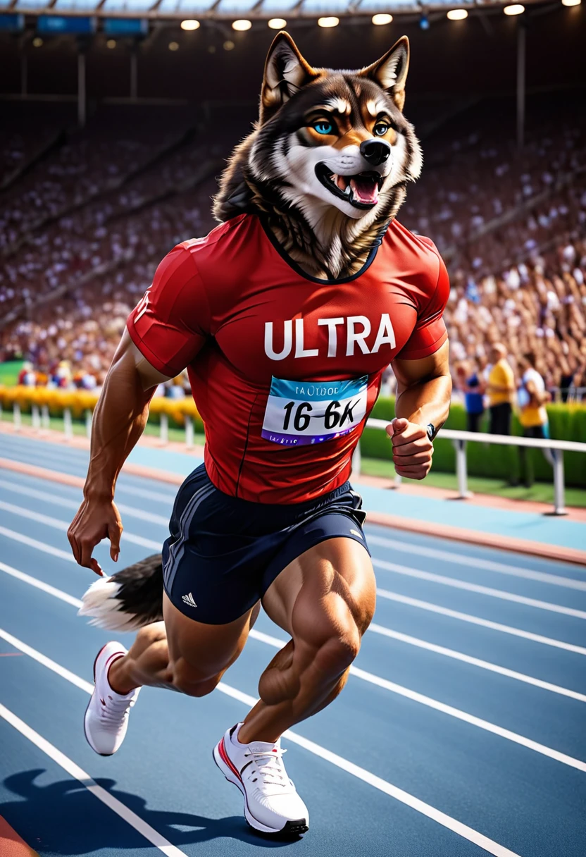 a photo finish shoot of a muscular anthomorph wolf on the running lane,  ((full body shot: 1.5)), ((anatomically correct: 1.5)) (ultra detailed face: 1.2), dynamic fur color, intense eyes, determined look, he is wearing running t shirt, sports shoes, running lane in an athlete stadium in the Olympics,  vibrant, Ultra-high resolution, High Contrast, (masterpiece:1.5), highest quality, Best aesthetics), best details, best quality, highres, 16k, [ultra detailed], masterpiece, best quality, (extremely detailed) RAW, (ultra details, Masterpiece, best quality), Cinematic Hollywood Film, Intense gaze