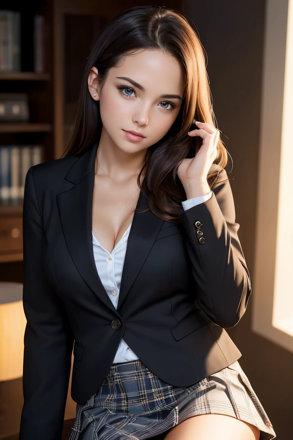 Top Quality, Masterpiece, 1 Girl, Beautiful Face, (Photorealistic Photos:1.3), Rim Lighting, (High Detail Skin:1.2), 8K UHD, DSLR, High Quality, High Definition, 4K, 8K, Bokeh, (Real: 1.3), Small Face, 25 years old, Black Formal Blazer, Middle Breast, Short Skirt, Office, Melissa sue anderson