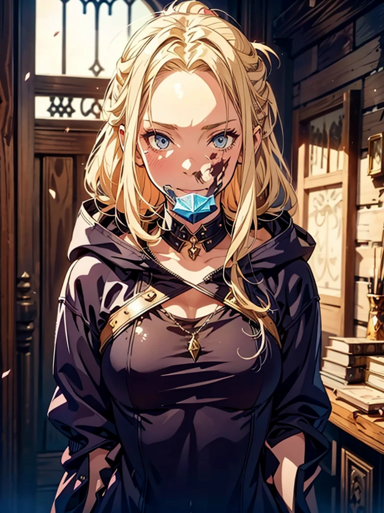 Blonde twenty years old female, European female, mage apprentice, fair but not beautiful, weak, confident, bratty in a magic academy, digital drawing, roleplaying game, dirty, rough, ponytail, shady badass, hood, leather clothes, confident
 sultry look, seductive,
