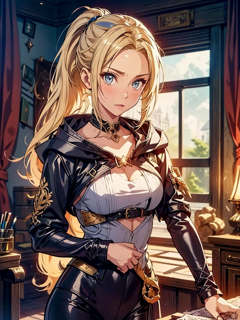 Blonde twenty years old female, European female, mage apprentice, fair but not beautiful, weak, confident, bratty in a magic academy, digital drawing, roleplaying game, dirty, rough, ponytail, shady badass, hood, leather clothes, confident
 sultry look, seductive,
