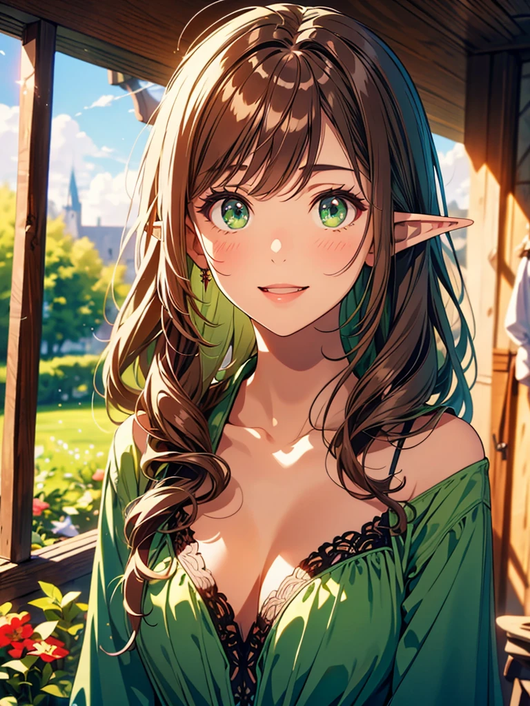 (masterpiece), (best quality), ultra high res, cold pastel tone, upper body, medium long shot, MLS, lens flare, (medieval theme:1.2), ((1 mature woman, solo)), very stunning and gorgeous mature woman, beautiful detailed hair, chestnut brown hair, smooth long hair, beautiful detailed face, perfect beautiful face, (elf ears), ((beautiful shape eyes, green eyes)), looks at viewer, open lips, smiles, comfortable face, standing in the meadow of flowers, medieval renaissance dress
sultry look, seductive,
