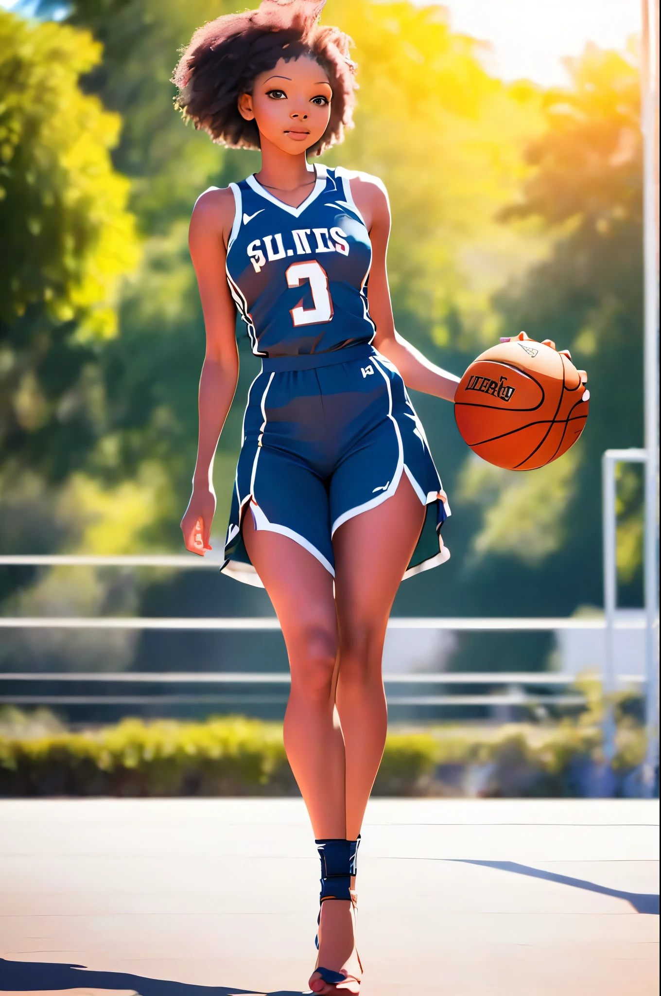 (8k, best quality, masterpiece:1.2), (realistic, photo-realistic:1.37), ultra-detailed,best quality, ultra high res, professional lighting, photon mapping, radiosity, physically-based rendering, cinematic lighting, basketball court,depth of field, sharp focus,sunbeam, good composition,(bokeh:1.2) 1girl,solo,(full body), (closed mouth),beautiful detailed eyes, pose, narrow waist,basketball uniform, black hair,messy hair,long hair floating in wind,(ulzzang-6500:1.2),  mix4, hiqcgbody