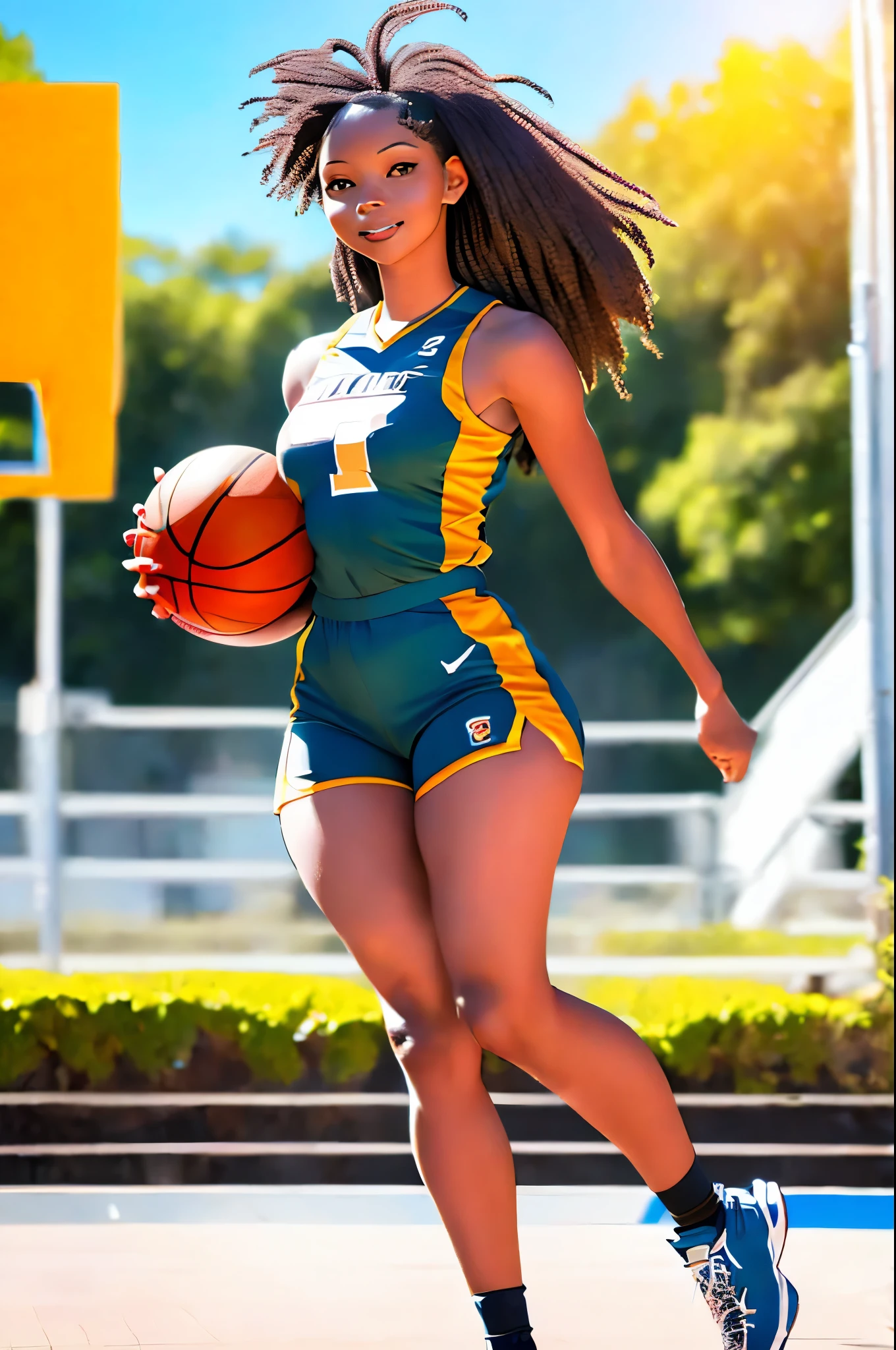 (8k, best quality, masterpiece:1.2), (realistic, photo-realistic:1.37), ultra-detailed,best quality, ultra high res, professional lighting, photon mapping, radiosity, physically-based rendering, cinematic lighting, basketball court,depth of field, sharp focus,sunbeam, good composition,(bokeh:1.2) 1girl,solo,(full body), (closed mouth),beautiful detailed eyes, pose, narrow waist,basketball uniform, black hair,messy hair,long hair floating in wind,(ulzzang-6500:1.2),  mix4, hiqcgbody