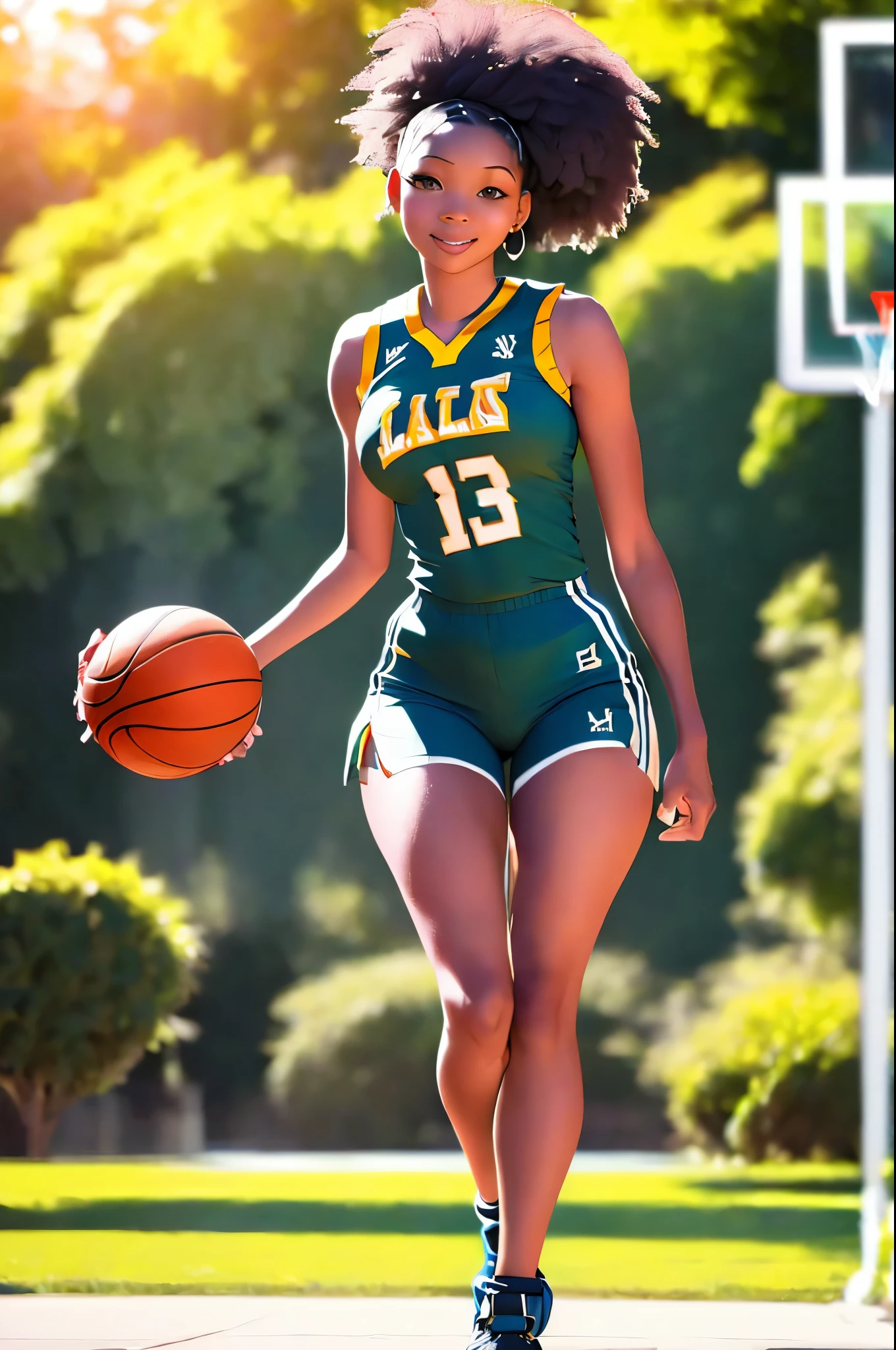 (8k, best quality, masterpiece:1.2), (realistic, photo-realistic:1.37), ultra-detailed,best quality, ultra high res, professional lighting, photon mapping, radiosity, physically-based rendering, cinematic lighting, basketball court,depth of field, sharp focus,sunbeam, good composition,(bokeh:1.2) 1girl,solo,(full body), (closed mouth),beautiful detailed eyes, pose, narrow waist,basketball uniform, black hair,messy hair,long hair floating in wind,(ulzzang-6500:1.2),  mix4, hiqcgbody