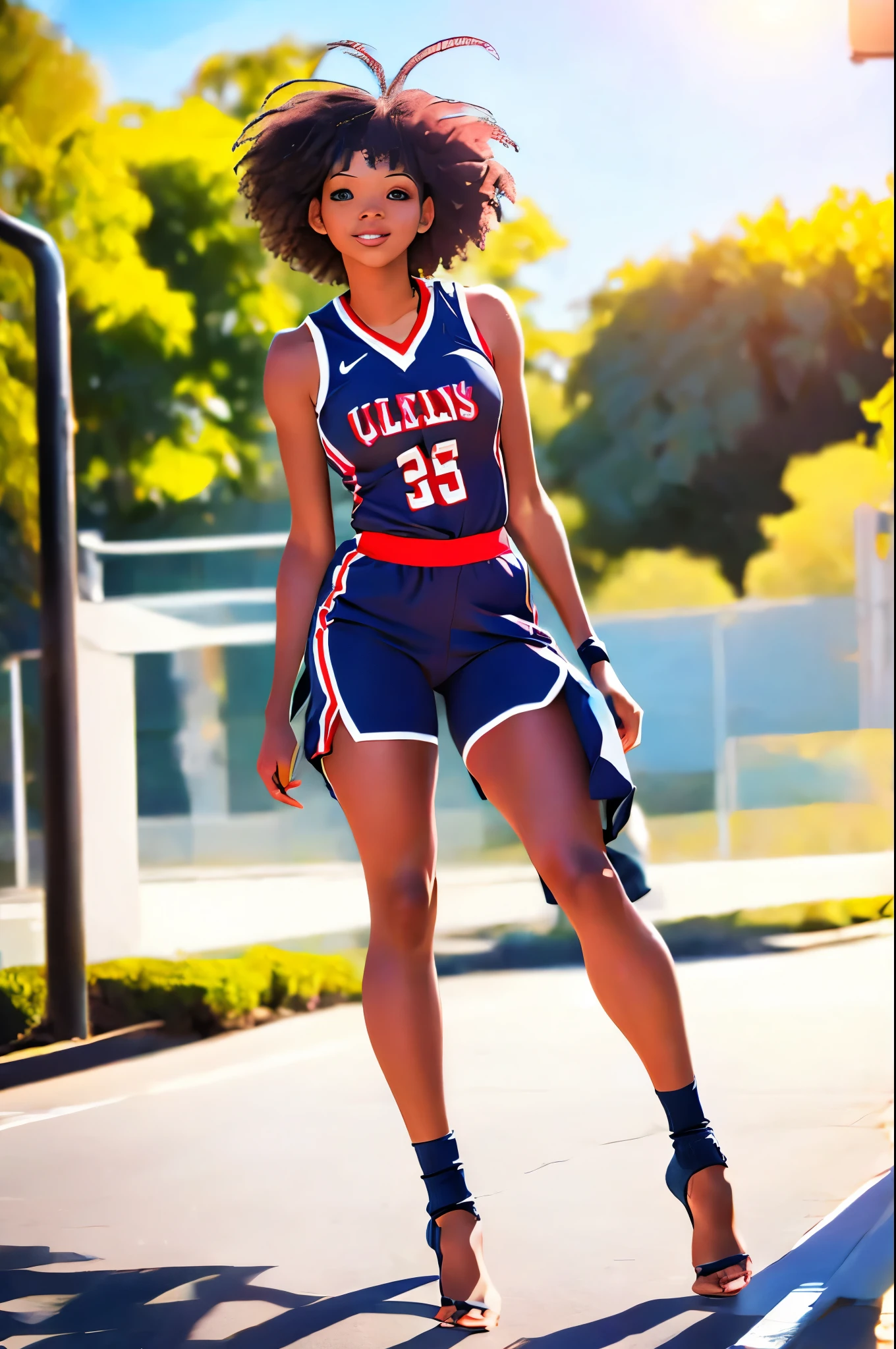 (8k, best quality, masterpiece:1.2), (realistic, photo-realistic:1.37), ultra-detailed,best quality, ultra high res, professional lighting, photon mapping, radiosity, physically-based rendering, cinematic lighting, basketball court,depth of field, sharp focus,sunbeam, good composition,(bokeh:1.2) 1girl,solo,(full body), (closed mouth),beautiful detailed eyes, pose, narrow waist,basketball uniform, black hair,messy hair,long hair floating in wind,(ulzzang-6500:1.2),  mix4, hiqcgbody