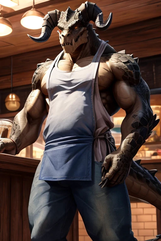 HDR, UHD, 8K, best quality, masterpiece, Highly detailed, sharp focus, detailed, ultra high res, amazing composition, intricate, hyperdetailed, detailed body, (detailed face:1.1), (rendered eyes), (perfect eyes), view from below, front view, solo focus, male focus, furry, scalie, mature man, sexy man, Deathclaw, toned arms, muscular body, chiseled chest, scales, greenish grey scales, tank top, waist apron, apron, jeans, coffee, coffee shop