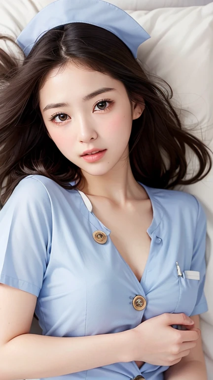 (Lie on your back in bed:1.3), masterpiece、(Professional Portrait、Professional Writing)、Detailed workmanship、High resolution、(8k, High resolution:1.2)、(born, Realistic:1.3)、Highest quality, Slim figure、High resolutionの顔、The face is in focus、High resolutionの目、(Concentrated, Symmetrical pupils:1.2)、High quality and beautiful skin、Firm Skin、Natural Makeup、Gloss lips, High-definition hair texture、(unhooking cloth button:1.3) break (White nursing uniform、White nurse uniform:1.3) BREAK Japanese women、、very cute, (Very embarrassed:1.3), (blush:1.3), Similar faces'I am going to cry:1.3、(Look up at the camera:1.2)、(color々Easy-to-shoot angle:1.3)、Mid-chest, Browsing Caution, Cleavage, (Open your mouth),Nipples