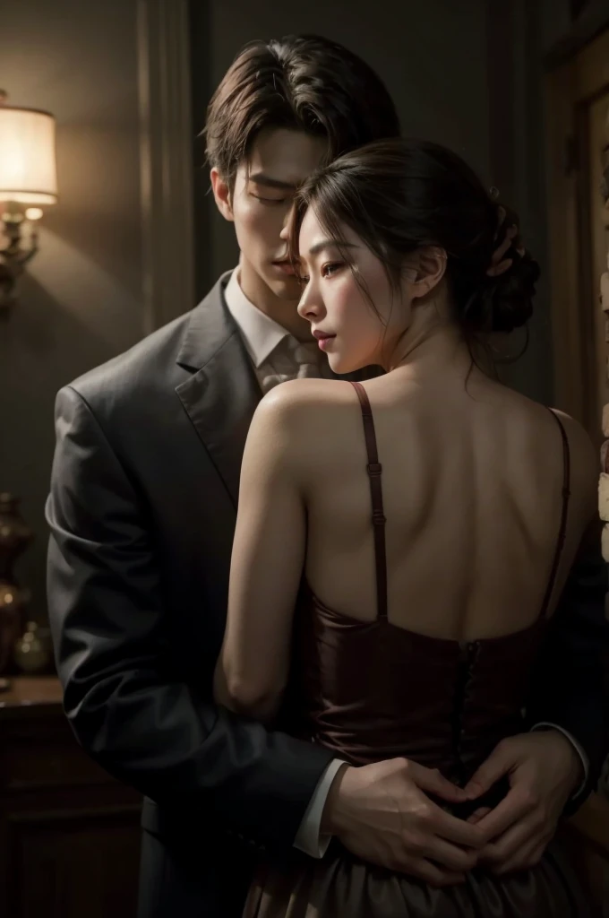 elegant asian lady hug handsome man from behind, romantic intimate pose, dynamic lighting, dramatic moody lighting, cinematic lighting, oil painting, impressionist, warm color palette, muted colors, atmospheric, photorealistic, hyper detailed, masterpiece, best quality, 4k, 8k, highres, ultra-detailed, realistic, photo-realistic