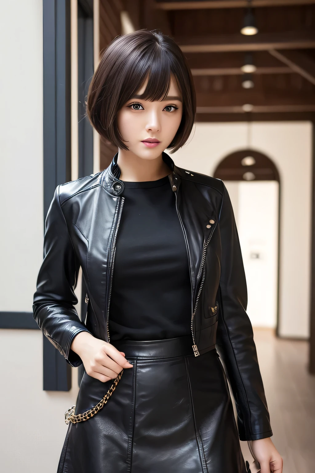 ((Highest quality)), ((masterpiece)), (detailed), One Girl, sexy、Leather Fashion、Leather skirt、leather jacket、Bobcut Short Cut、Trim your bangs、Black Hair、