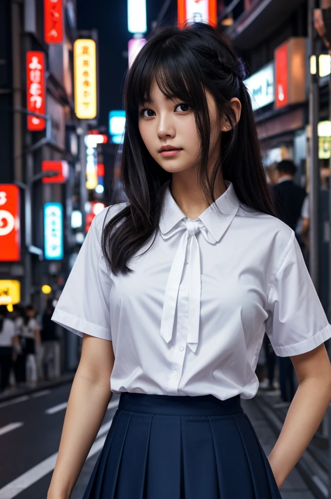 best qualtiy， Ultra-high resolution， （realisticlying：1.4），（natta），（looking at viewert：1.331），（whaite hair），posing on a，Tokyo Street，nightcityscape，Cyberpunk-city，the soft light，1girll，extremely beautiful face，chest circumference，putdownhands，random hair style，Random expressions，largeeyes，Alvine，（short- sleeved。JK_shirt）， JK_style， （darkblueJK_skirt）， （bowJK_tie）， mix4.， best qualtiy