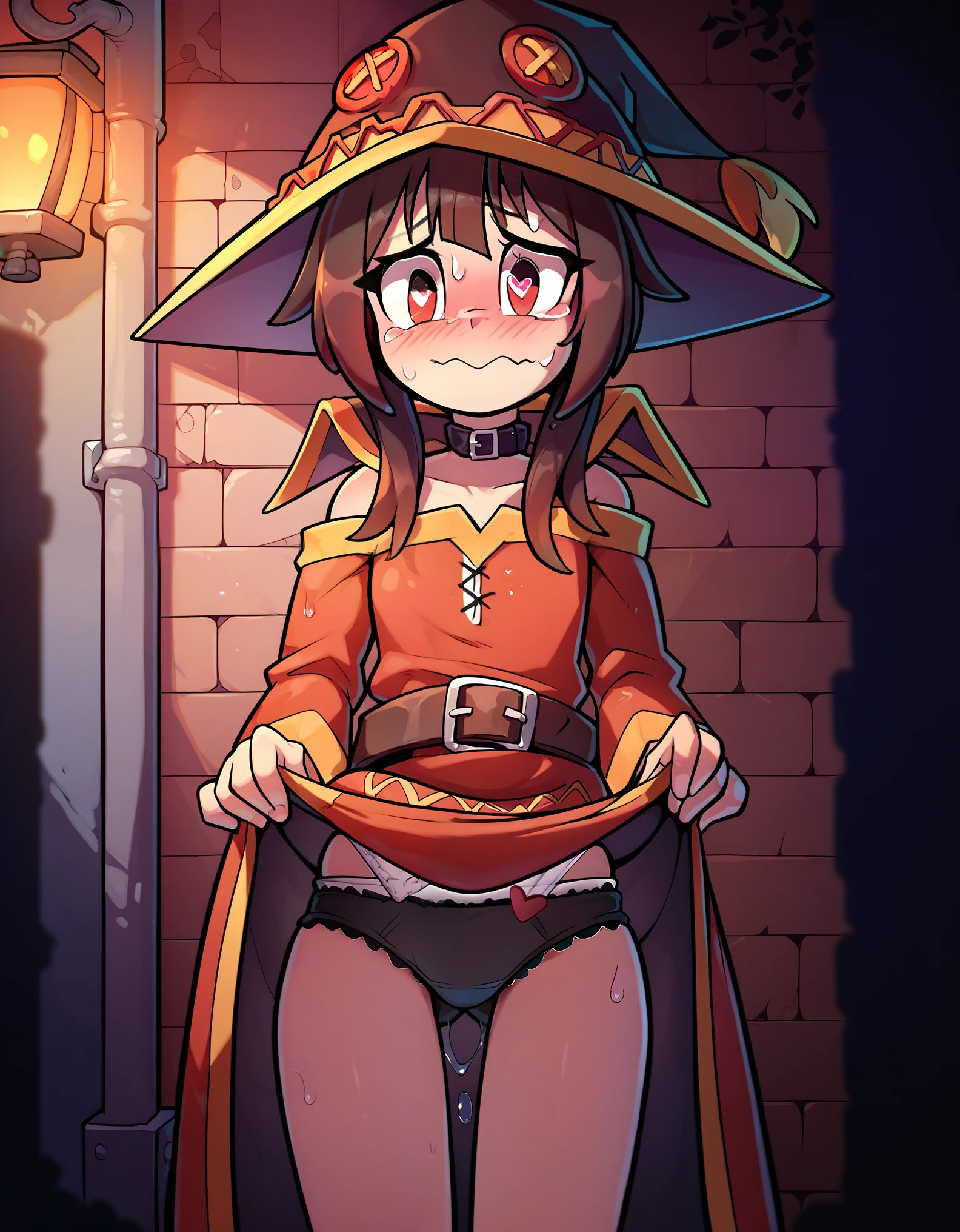 Megumin, This time, Skinny body, fully dressed, fitted dress, lifting up her short dress, showing her panties, standing, Wet panties, heart eyes, blushing, nervous face, dripping panties, Dark alley, evening, black lace panties, holding her dress with both hands, head on, nervous smile, gaze fixed on the viewer