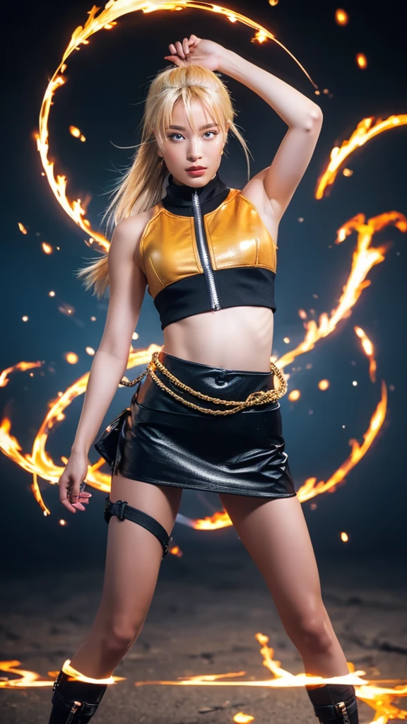 Moisturized skin, (gradient eyes), realistic body, (adult female body), energetic, (), (girl), crop top,
BREAK,
bright red lipstick, (beautiful navel), (golden hair), beautiful hair, (Naruto Uzumaki's clothes), (twintails), (leather), mini skirt,
BREAK,
((masterpiece + highest quality + high resolution + highly detailed)), (full body: 1.2), symmetrical, one shot,
BREAK,
(electric shock), (wind blows), (blue electricity), (battle stance: 1.4),
BREAK,
assassination, cut, kunai, fantastical, dynamic,