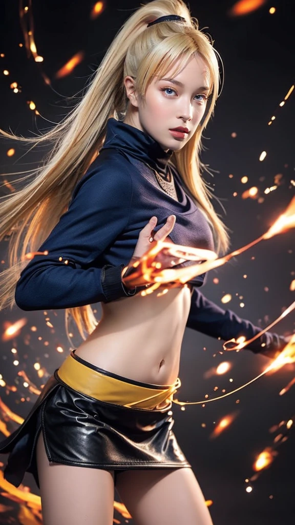 Moisturized skin, (gradient eyes), realistic body, (adult female body), energetic, (16 years old), (girl), crop top,
BREAK,
bright red lipstick, (beautiful navel), (golden hair), beautiful hair, (Naruto Uzumaki's clothes), (twintails), (leather), mini skirt,
BREAK,
((masterpiece + highest quality + high resolution + highly detailed)), (full body: 1.2), symmetrical, one shot,
BREAK,
(electric shock), (wind blows), (blue electricity), (battle stance: 1.4),
BREAK,
assassination, cut, kunai, fantastical, dynamic,