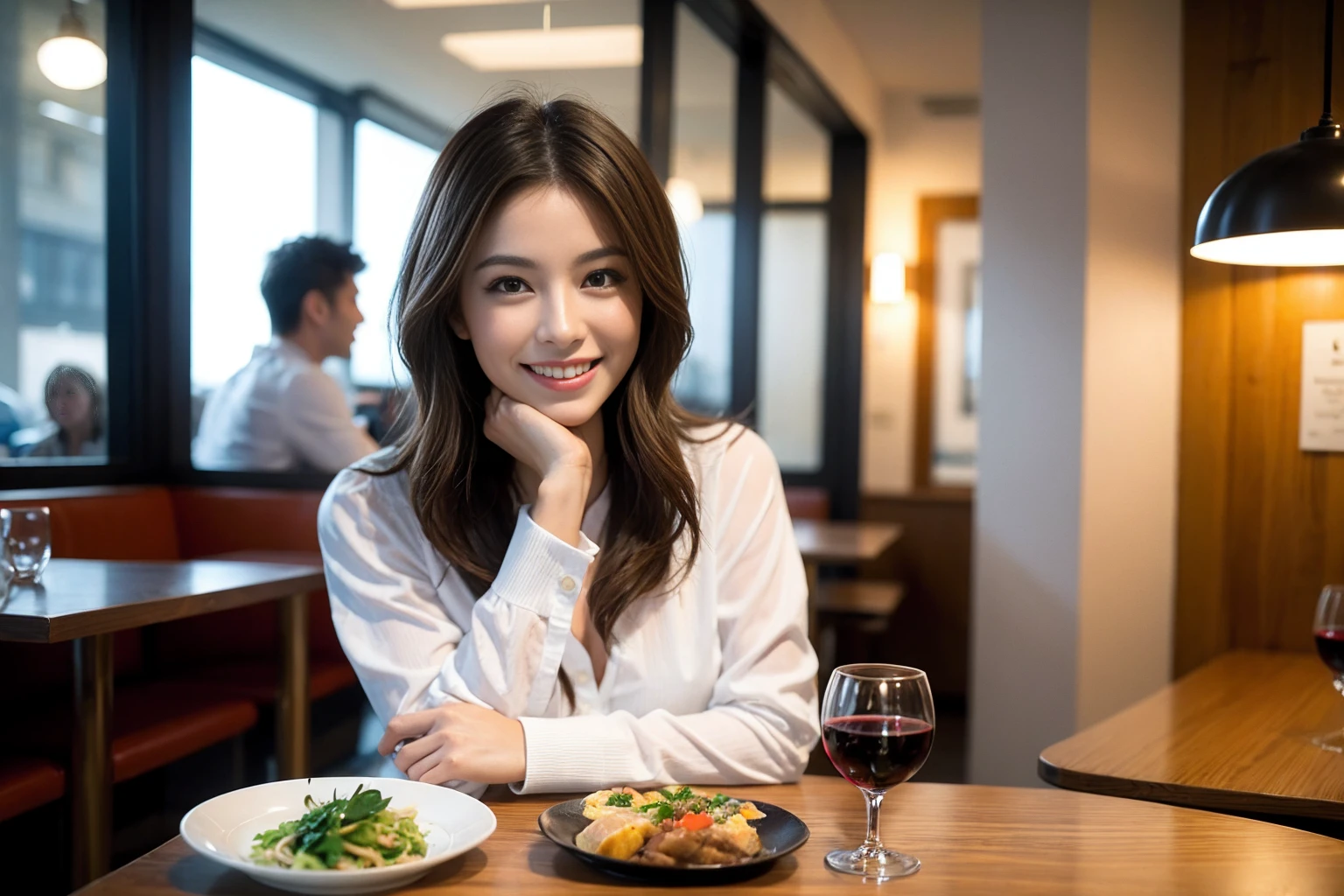 ((Highest quality、8k、masterpiece:1.3))、cute、slimカップル、modelカップル、actress男優、(Realistic, Intricate details:1.2), full-course dinner、Wine Party、Amazing view of the sunset sky and clouds、A bright smile、short hair,Bright Face、 (45 years old), 42 years old, red wine 、Appetizers、Italian food、Wine bottle、Champagne、sparkling wine、Two beauties、Brown Hair、Shortcuts、Long sleeve shirt、dress、Beautiful woman 1, (slimな顔), (The body is slim), (Brown Hair), (Shortcuts), cheeks turn a little red,Attractive beauty、restaurant, In a prominent place (From the waist up) Nova Frog Style, actress, model, Upper Body, White wine, slim, wine glass, 中央に置かれたwine glass, smile, (smile: 1.15), Beautiful fine grain, Depth f/2,saturation, High Contrast, Strong light and shadow,Moist Body:1.5、3D texture、Delicate eyes、Brown Hair、The hair is very shiny、