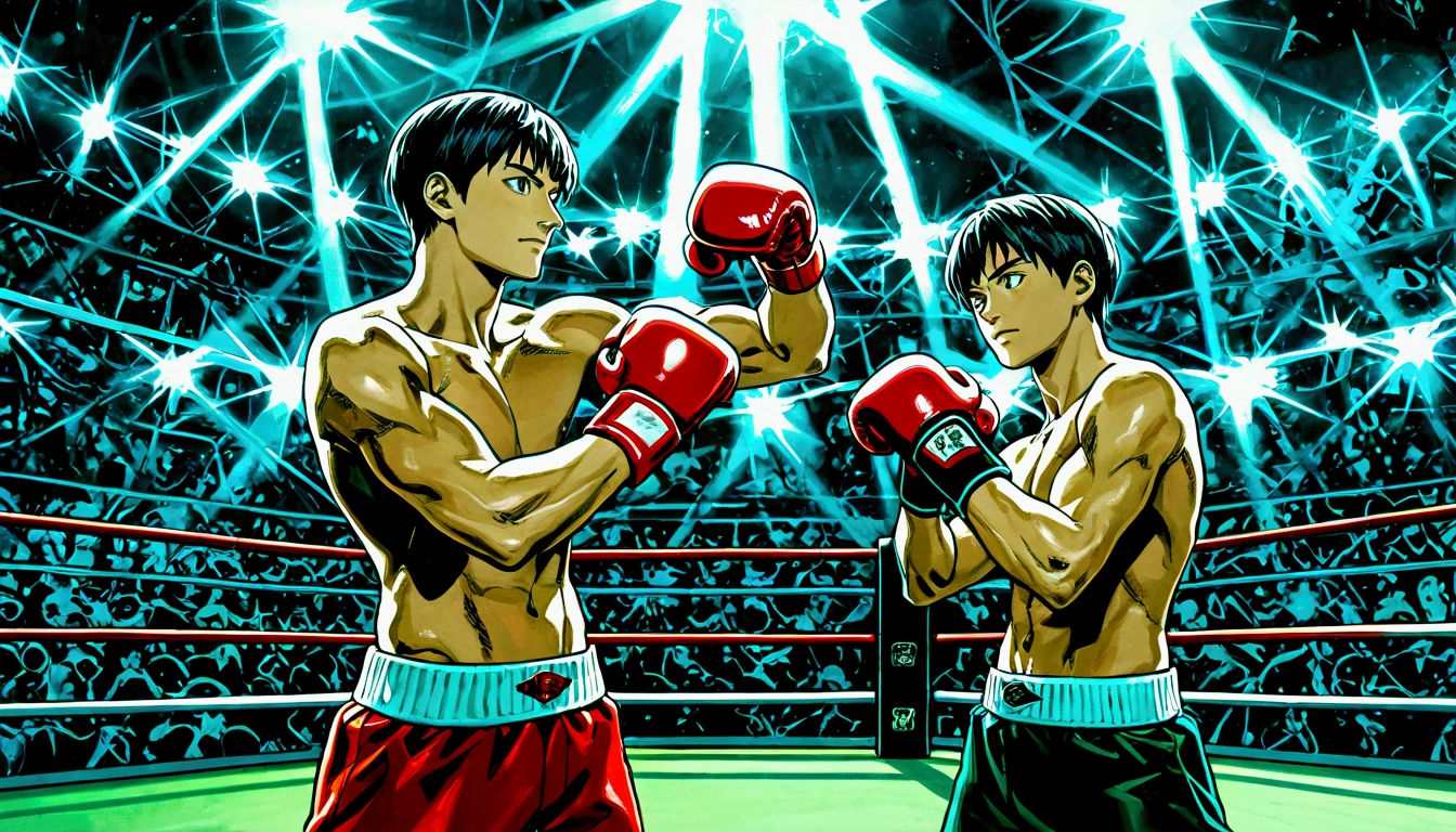 masterpiece, best quality, source anime, official art, 8k, ultra-detailed,very aesthetic, absurdres, perfect anatomy, perfect face,  cinematic lighting, close up,multiple boys,2boys,head gear,boxing,ring,stadium,grove,hand