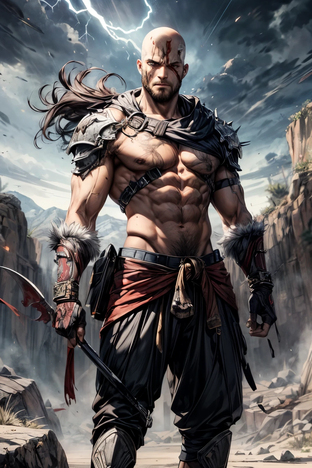 ((best quality)), ((masterpiece)), (detailed), 2mens are fightings (god of war)(kratos), painted skull face, big athletics body, sixpack, using blades in the desert rocks, one man got hit by kratos axe and the bloods comesout from the body, semi dark lights, lightnings and thunder