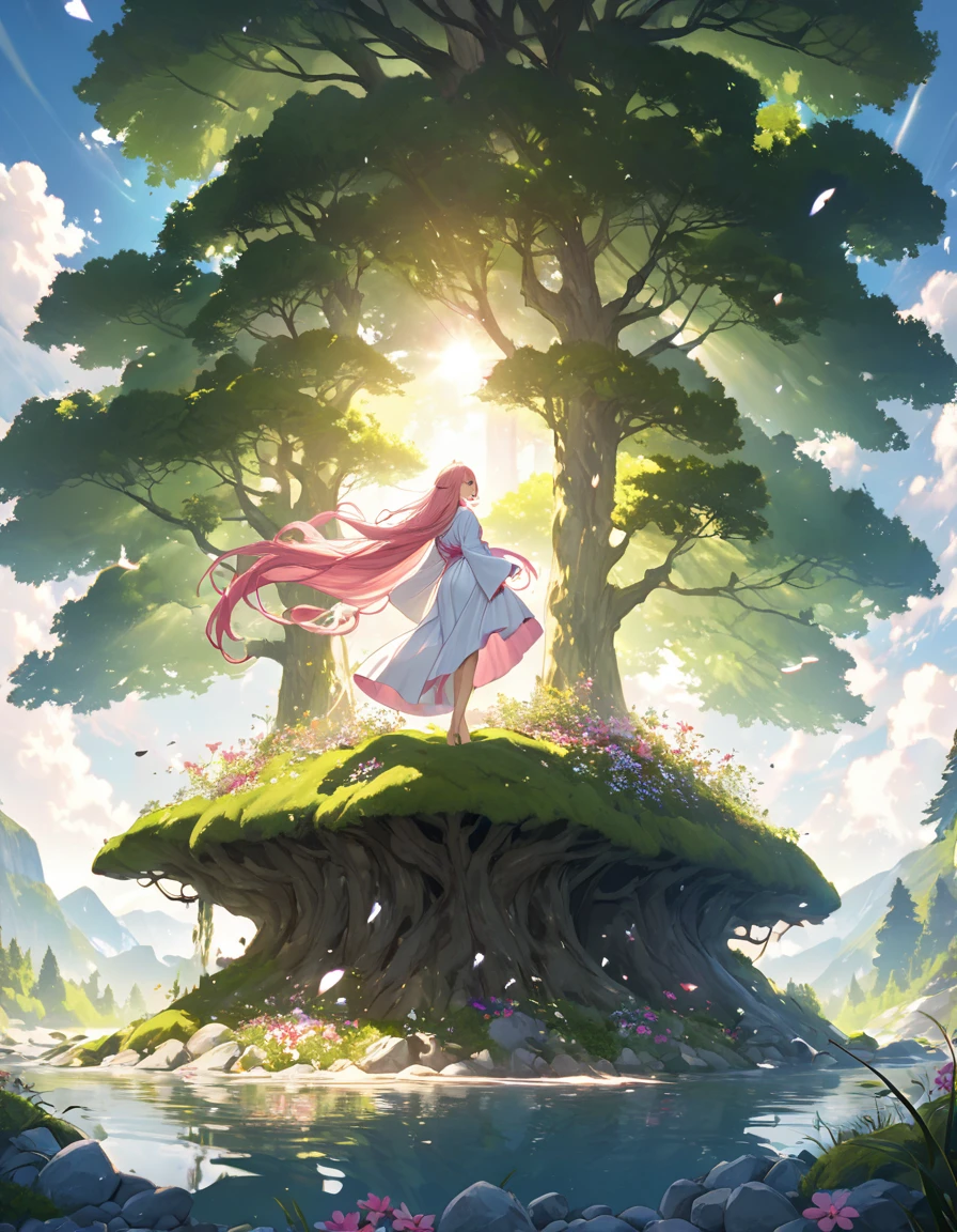 Highest quality, Ultra-high resolution,  One Woman、(White and pink super long hair、Big Slender、The long sleeves and hem make the robe small.)、((Goddess Falling from the Sky))、 (background、lake、big tree forest、gravel、Moss、flower、sunlight)、From below、