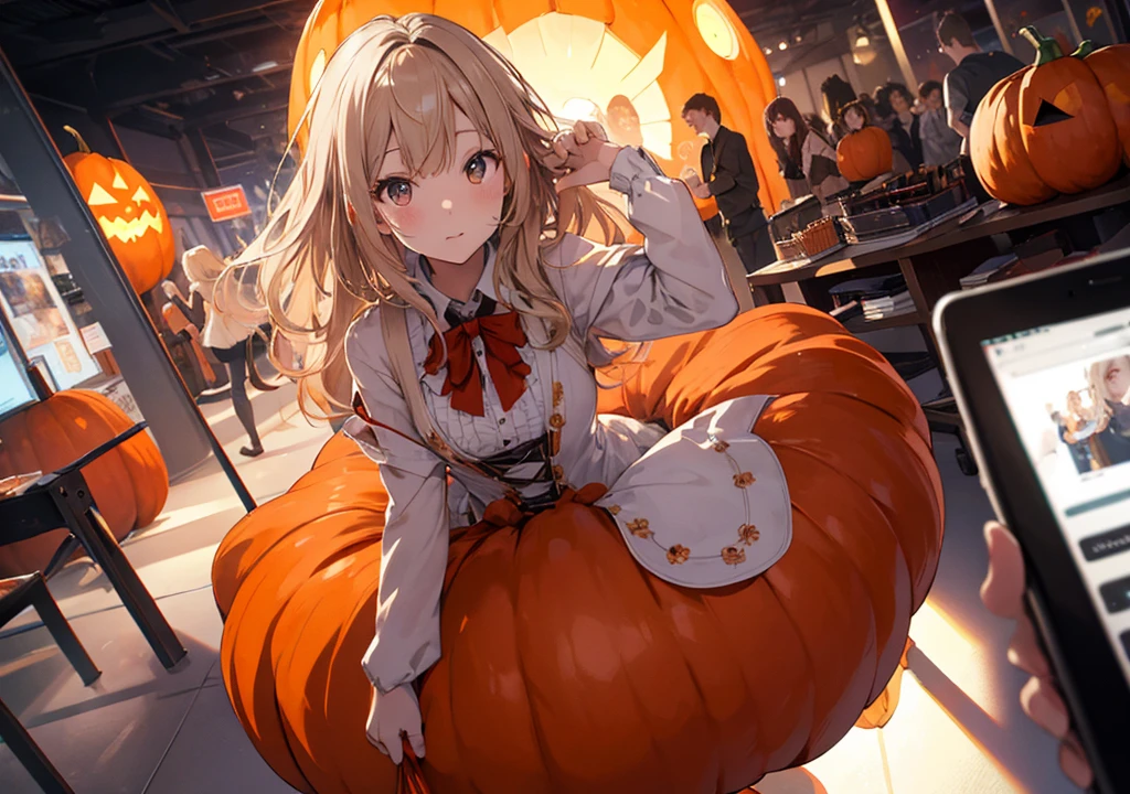 Realistic photos, Focus distance 10mm, Red and white, Beautiful girl, masterpiece, 最high quality, high quality, Very detailed CG 8k wallpaper unit, Award-winning photography, Depth of written boundary, High resolution, bloom, chromatic aberration, Realistic, Very detailed, Art Station Trends, CGsociety Trends, Complex, High detail, dramatic, Art on the go, volumetric lighting, A beautiful girl in an orange dress、Peeking out from inside a giant pumpkin。There are lots of Halloween decorations in the background
