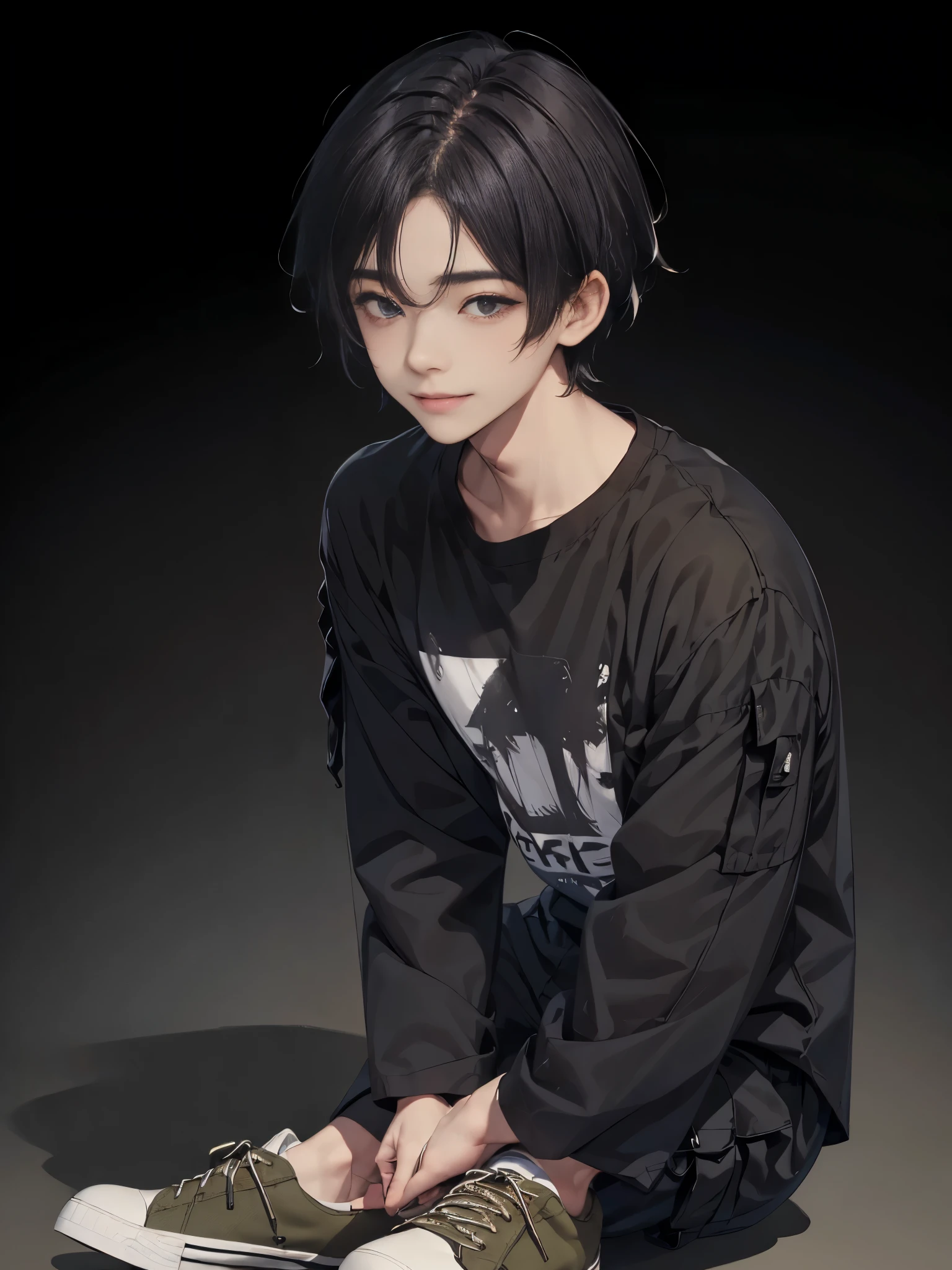 Masterpiece, best quality,独奏, one Japanese boy, 18 years old,(tall and thin,sleepy droopy eyes, long face, (thin cheeks:1.2),(black shaggy short hair,blank expression:1.5),(Black long T-shirt,Long sleeve,Olive cargo pants,Black sneakers,Full body portrait:1.5),(Plain background:1.5),(feigned smile,close-up of a face:1.2)