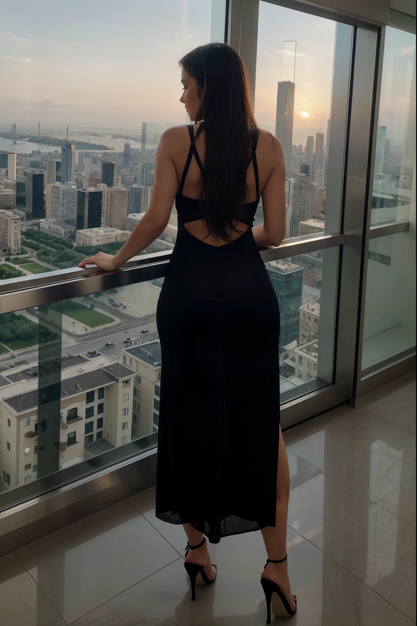 Italian girl 25 years old, beautiful, gorgeous, on penthouse on a skyscraper, breathtaking view, from skyscraper, 1 girl, 100th floor, real, very high resolution, 16k, sexy evening dresses, sunset, elegant black dresses, bright colors, luxury, eroticism, porn, eroticism, realistic photo, beautiful model, luxurious furniture, beautiful legs, luxurious house, standing from behind looking out the window