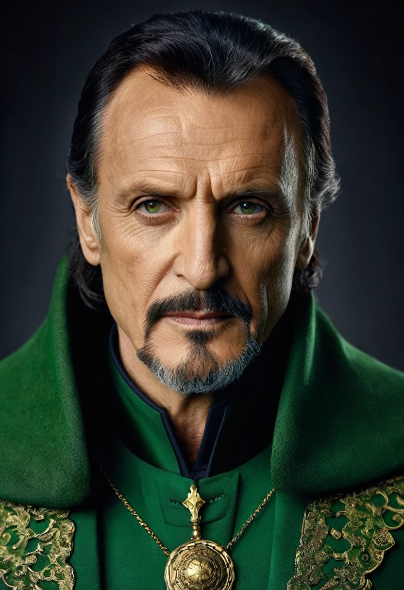 A portrait of DC Comics' Ra's al Ghul whose facial features are a combo of Alexander Siddig + Liam Neeson + Matt Nable + David Warner + Ben Kingsley. Ra's wears a green cloak over a lighter-green three-piece suit. Ra's looks villainous yet dignified. Symmetrical eyes. Symmetrical face. Great details. Photorealistic. Full-colored photo. Professional photo. Highly detailed 8K.