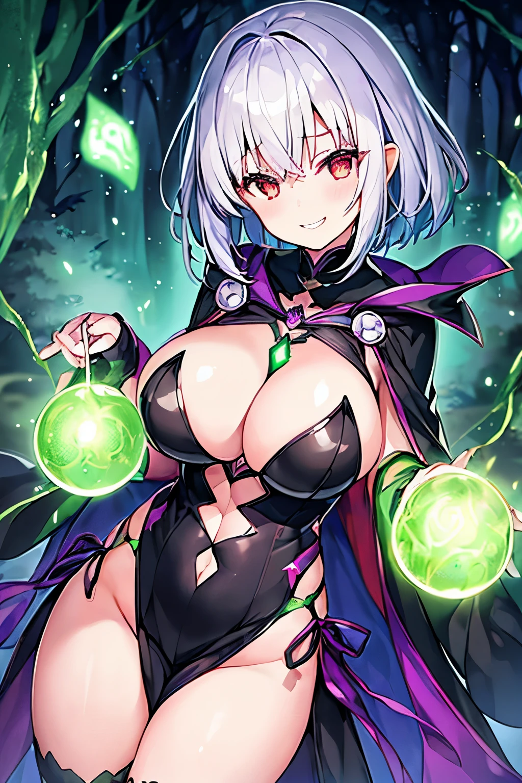 1 girl、Silver short hair、Hollow, glowing red eyes、Fantasy、witch、((黒とGreen clothes))、((Green clothes))、Aggressive design、Cape、Purple decoration、accessories、Villain、Magical Items、whole body、Mysterious Forest、Wind Magic、Dark Magic、Dark Aura、Grin、Evil smile、Expose、Bigger breasts、Shameless、disaster々Decoration