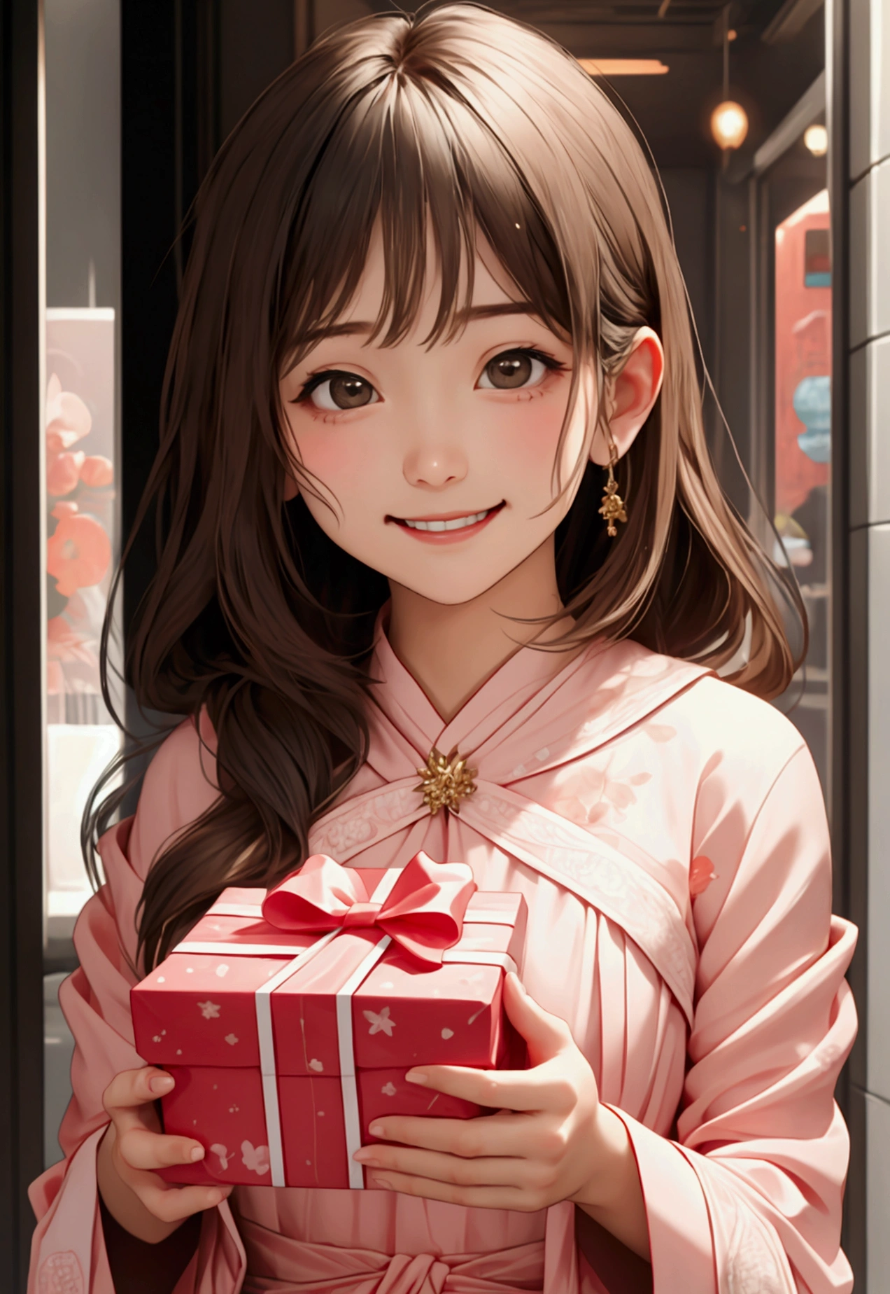 Girl with Gift Box，frontage，Happy expression，picture,　Portrait