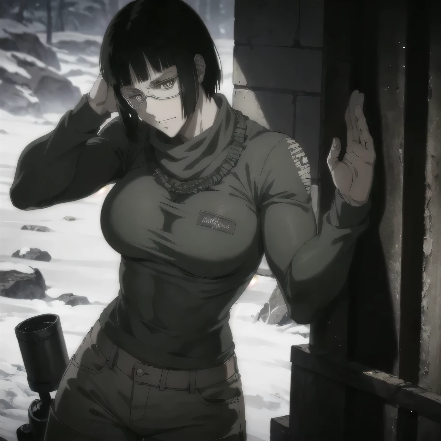 best quality,ultra-detailed,realistic:1.37),musclaur badass girl with sculpted body with preview her musclaur body, full review of the female character's face and body, intense expression, strong and confident posture, studio lighting, vivid colors, physiologically-based rendering, grungy texture, rugged background, dust particles in the air, commanding presence, professional, powerful, gritty aesthetics,,Valmet،short hair,necklace,clean clothes,wearing winter camouflage,( girl solo),eyepatch,eyes detailing,penis growth inside trousers,Photo session,,ice mountain,matching remix 