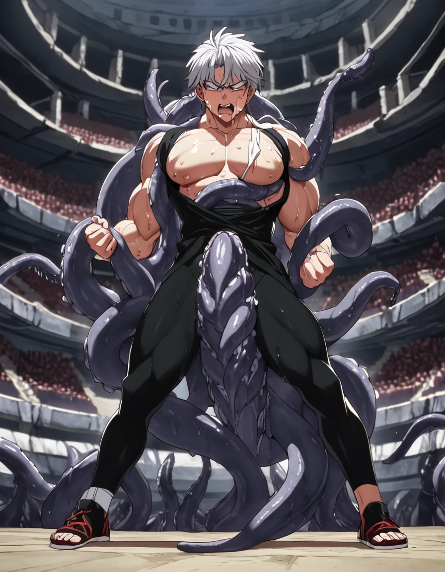 Hünkel,bandage,Silver Hair,Hulk-like body,18-year-old boy,Huge penis,((Being pinned down by black tentacles)),Open your arms wide and clench your fists,Open your mouth wide,Wide, unfocused eyes,Many protruding veins,((Countless black tentacles attack from behind)),((Black tentacles protruding from chest:1.5)),Full body images,Painful expression,Black undershirt,Huge erect penis,A lot of sweat, tears, drool and semen,In the middle of the Colosseum,Gives off an evil aura,Standing karate stance,Toned Muscles,rape,Devil's Body