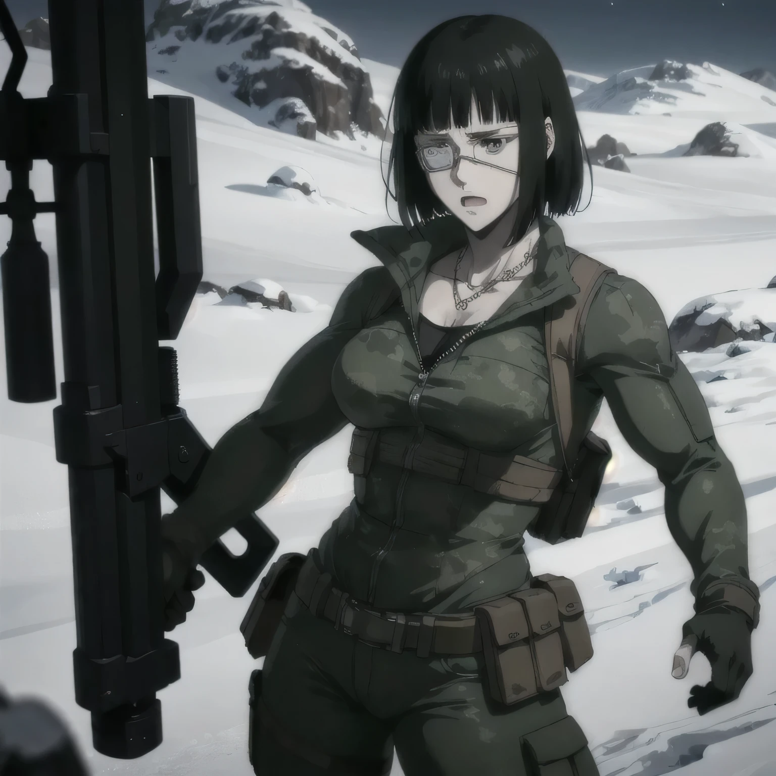 best quality,ultra-detailed,realistic:1.37),musclaur badass girl with sculpted body with preview her musclaur body, full review of the female character's face and body, intense expression, strong and confident posture, studio lighting, vivid colors, physiologically-based rendering, grungy texture, rugged background, dust particles in the air, commanding presence, professional, powerful, gritty aesthetics,,Valmet،short hair,necklace,clean clothes,wearing winter camouflage,( girl solo),eyepatch,eyes detailing,penis growth inside trousers,Photo session,,ice mountain,matching remix 