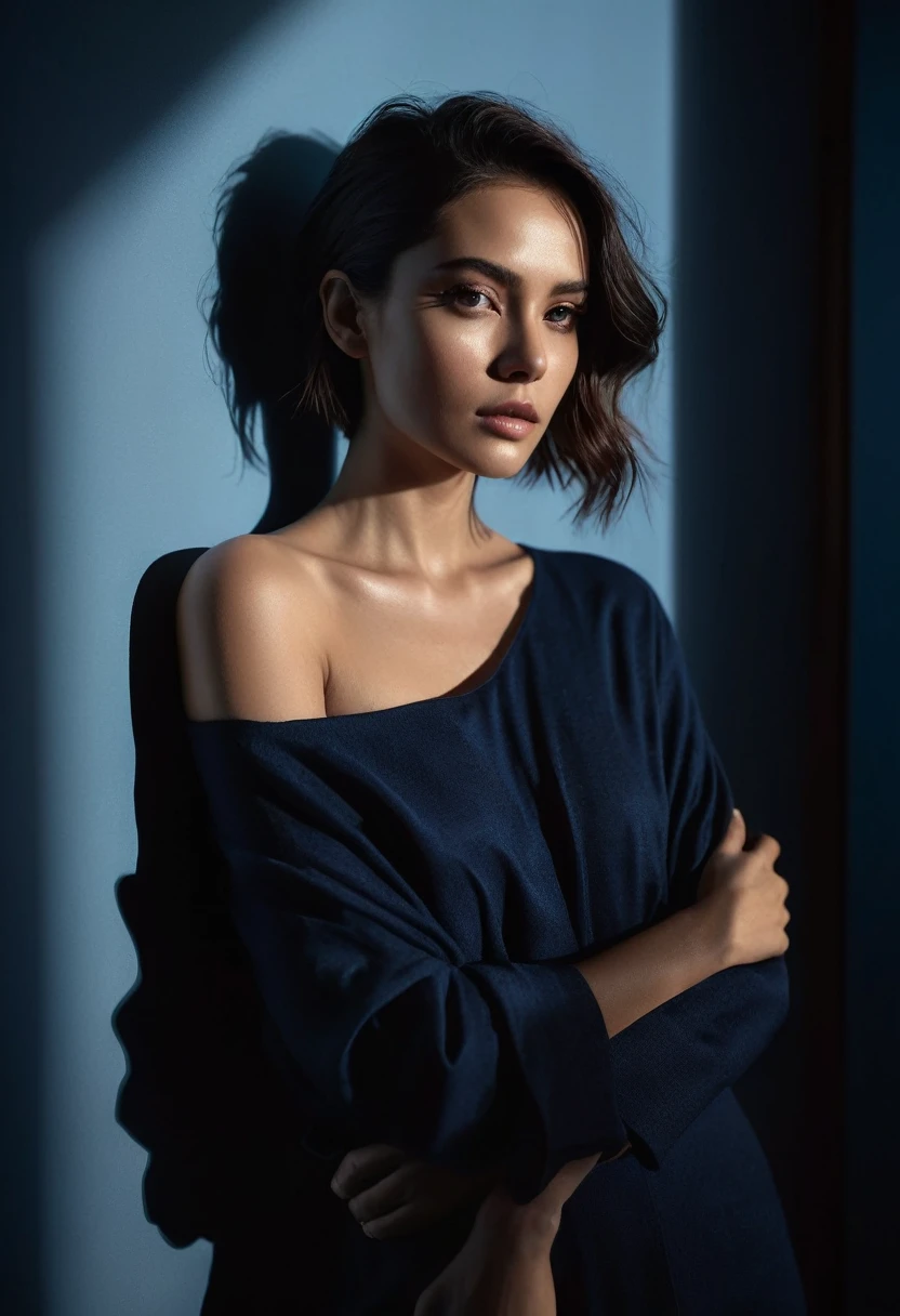 woman bathed in soft light, leaning against a wall, looking into the camera in a moment of raw emotion. Her attire is minimal, accentuating her beauty with the dramatic shadows cast by the lighting. The background is stark, with sharp contrasts highlighting the contours of her form. The blue and black palette intensifies the mood, evoking a sense of mystery and allure. Subtle film grain and meticulous shading add depth and texture, emphasizing the emotional gravity of the scene. The lighting creates a chiaroscuro effect, accentuating her expressive pose and the intense atmosphere.