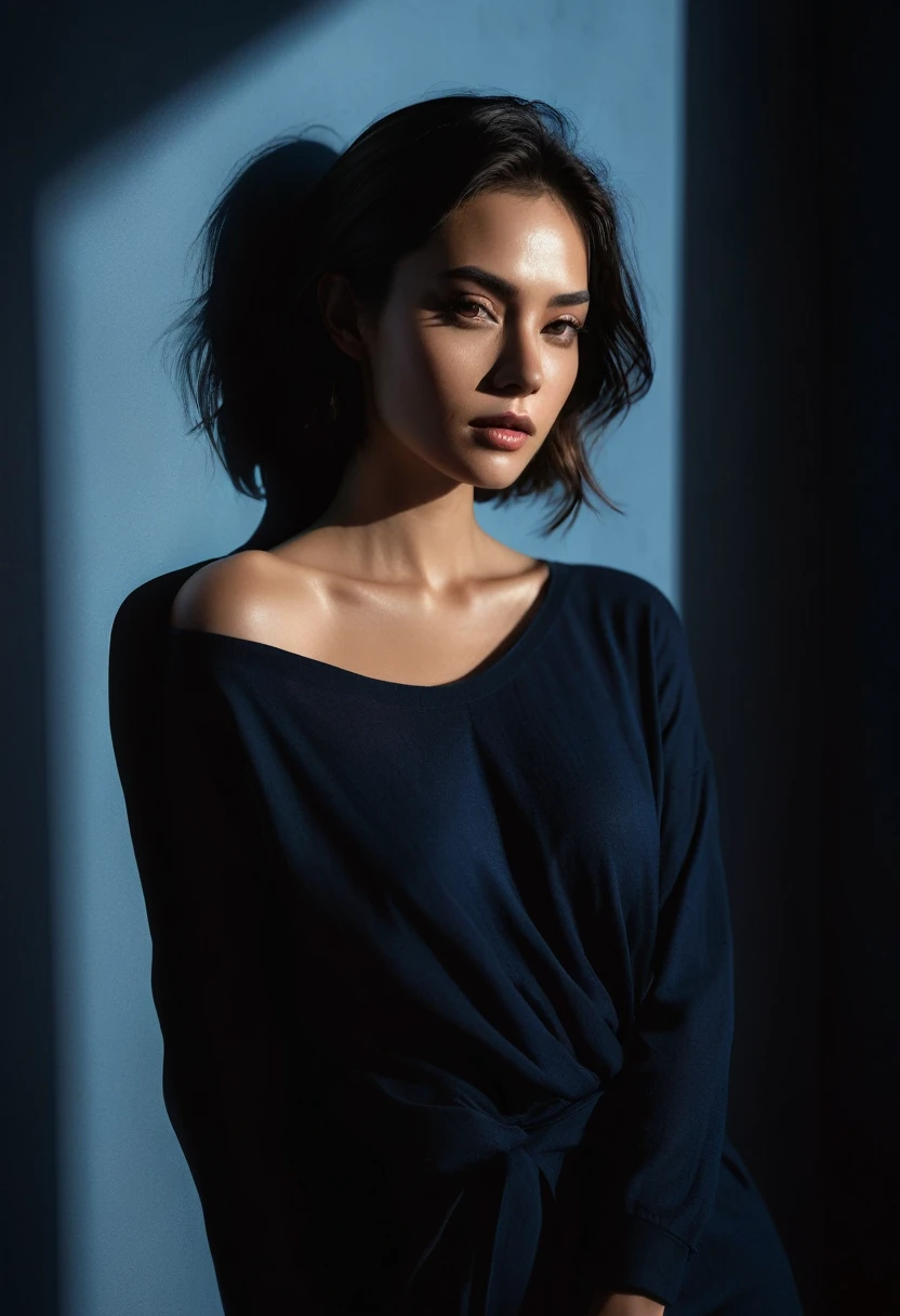 woman bathed in soft light, leaning against a wall, looking into the camera in a moment of raw emotion. Her attire is minimal, accentuating her beauty with the dramatic shadows cast by the lighting. The background is stark, with sharp contrasts highlighting the contours of her form. The blue and black palette intensifies the mood, evoking a sense of mystery and allure. Subtle film grain and meticulous shading add depth and texture, emphasizing the emotional gravity of the scene. The lighting creates a chiaroscuro effect, accentuating her expressive pose and the intense atmosphere.