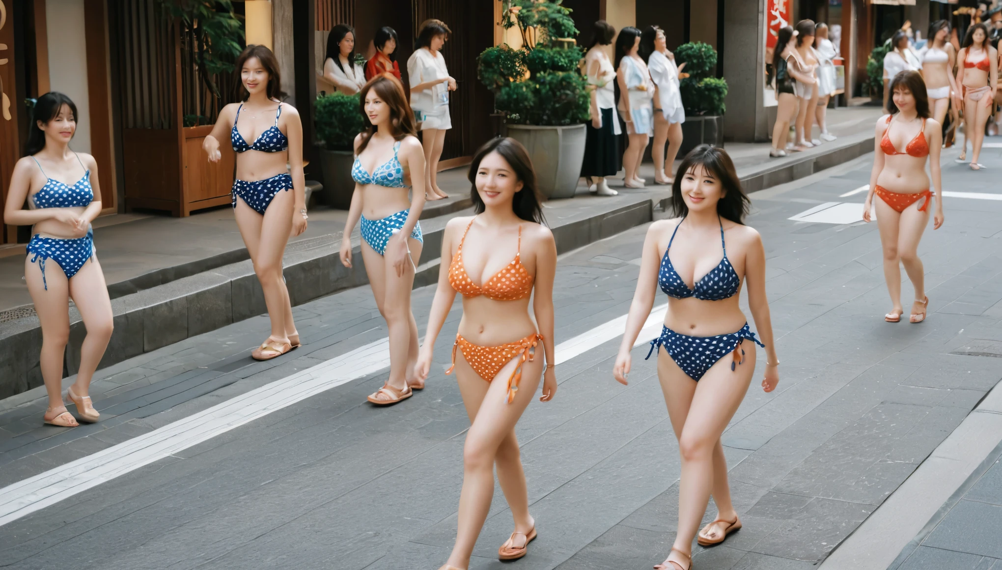 8k, top quality, finish: 1.2), (realistic, photo-realistic: 1.37), highly detailed, (1000 girls), This realistic image shows a large group of sexy Japanese women, wearing bikinis and typical Japanese clothing, walking in the middle of a Japanese city. The women in the picture are fair-skinned and appear to have different ages and slim body shapes. the camera beam is seen from above The atmosphere of this picture looks like a parade or a special event involving many female participants. , breasts, beautiful eye details, (bikini: 1.1), ((sexy)), curvy body, (full body), standing, sexy,